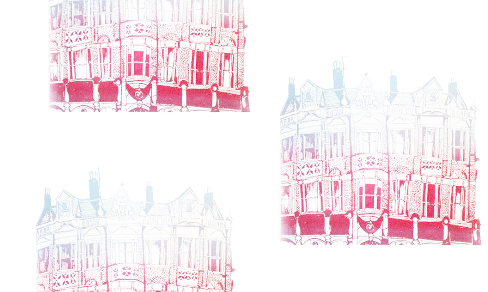 Three detailed line drawings of ornate Victorian buildings, presented in a collage style with pink and light blue watercolor washes fading into a white background.