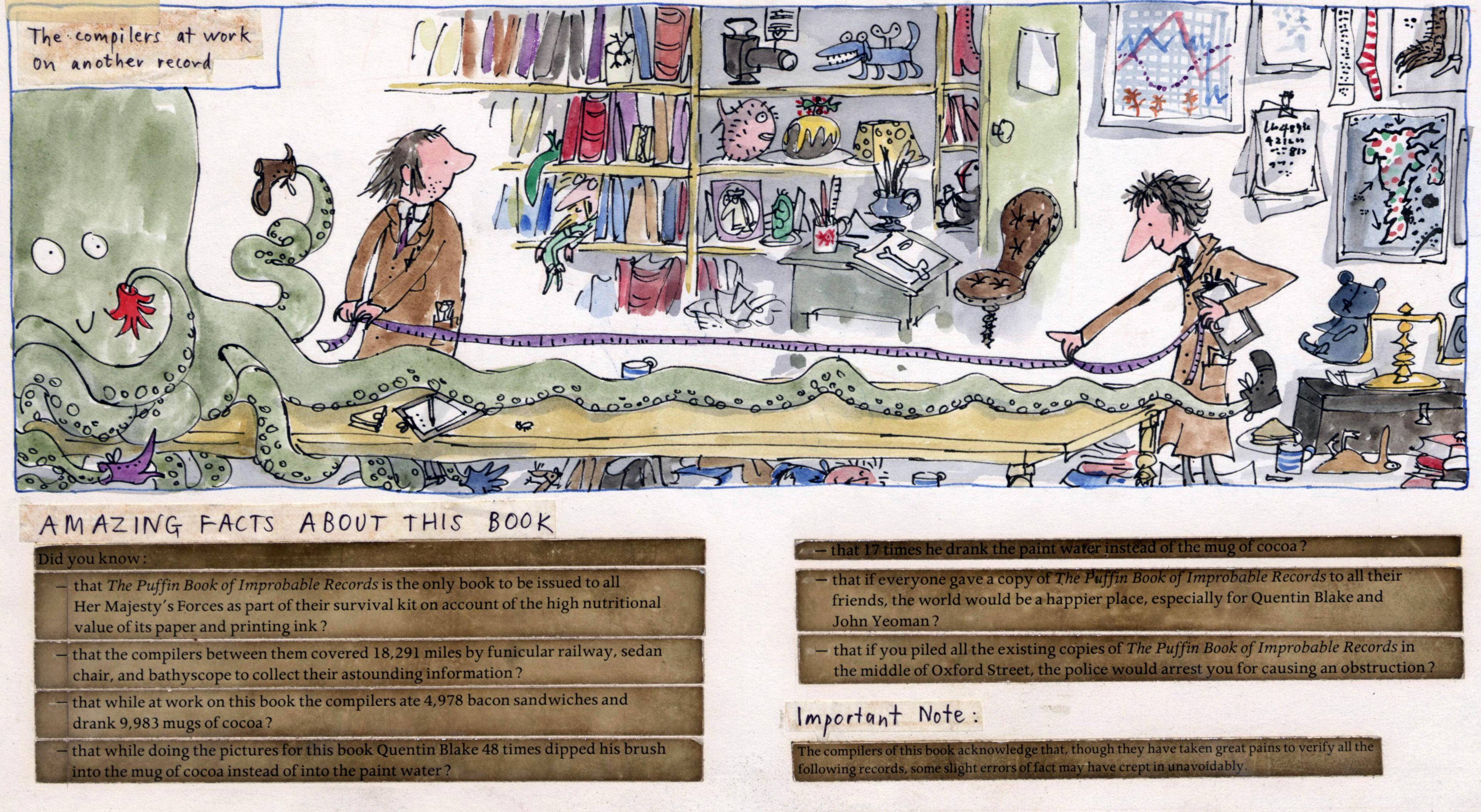 Layout of a double page of a book, with an illustration of two people measuring an octopuses' tentacles. There is some text stuck onto the page, including some 'amazing facts about this book'.
