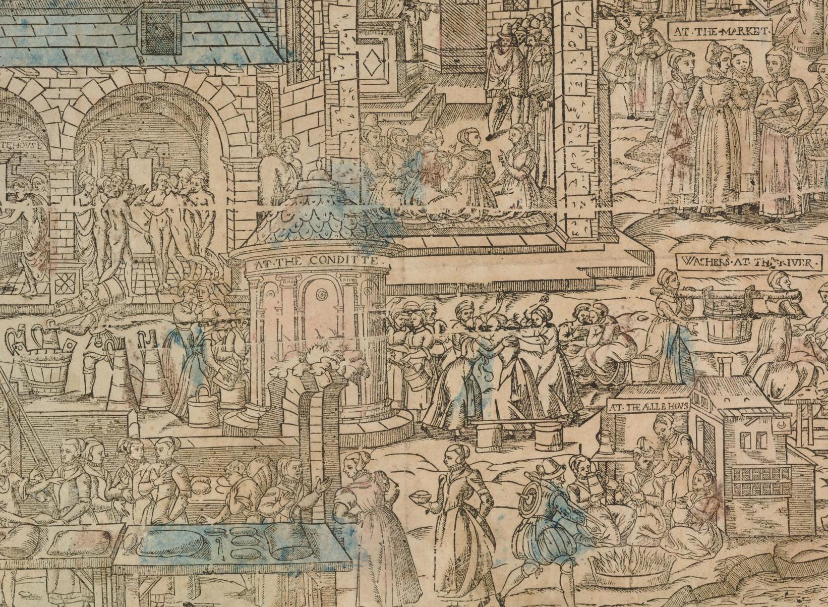 Woodcut illustration of a busy scene showing women talking to each other doing various activities at the bakery, water conduit, ale house, market and river