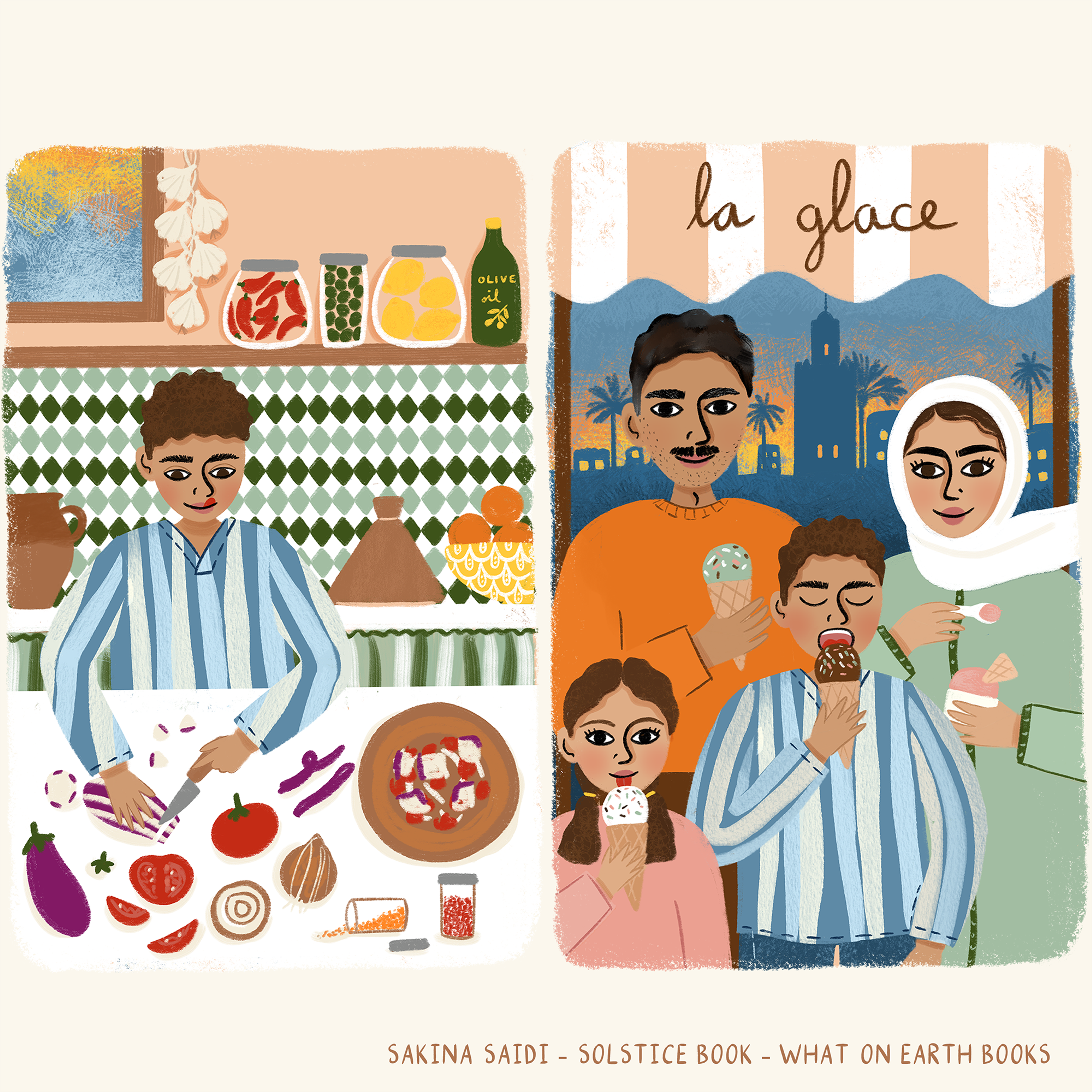 Two illustrations side by side: the first shows a young person cutting vegetables in a kitchen. The second shows a family with two adults and two children eating icecream cones.