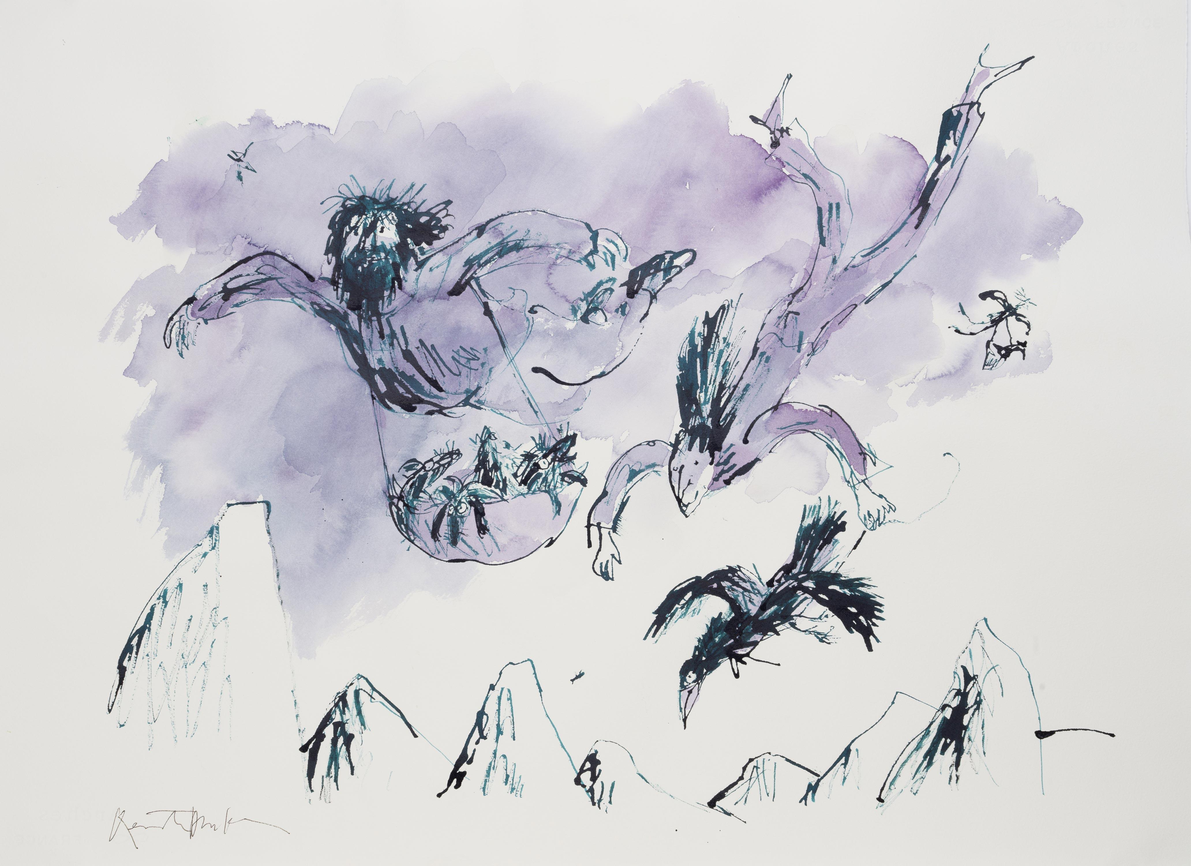 An illustration in black ink and purple watercolour of a man and a woman flying through the sky, over a mountain range. The man has a bag full of crows hanging from his shoulders and the woman is holding a piece of string attached to a flying crow's leg.