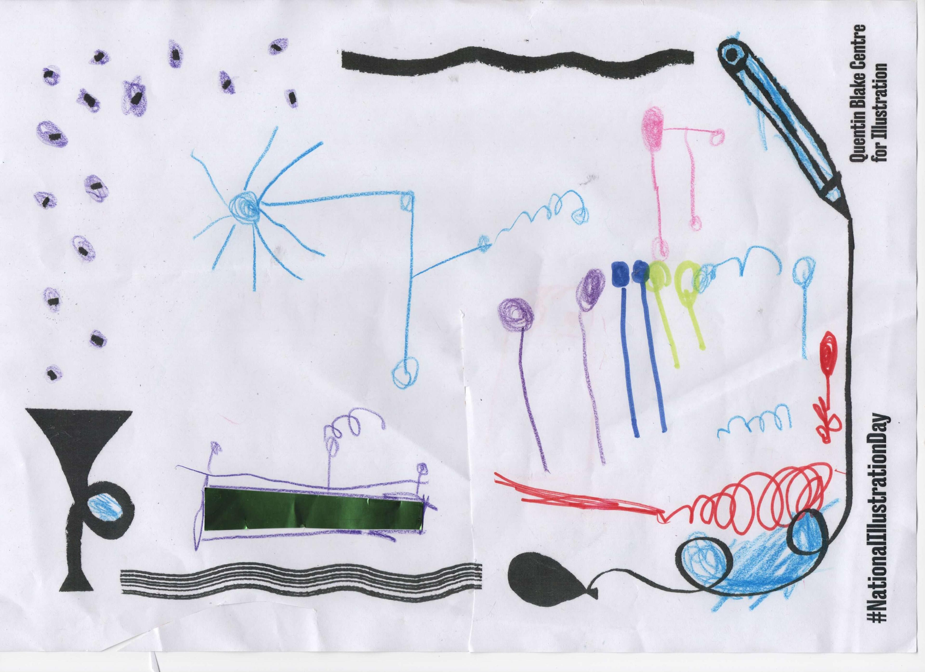 Abstract picture made by a small child using colour pencil pinhead shapes, squiggles and specks of colour.