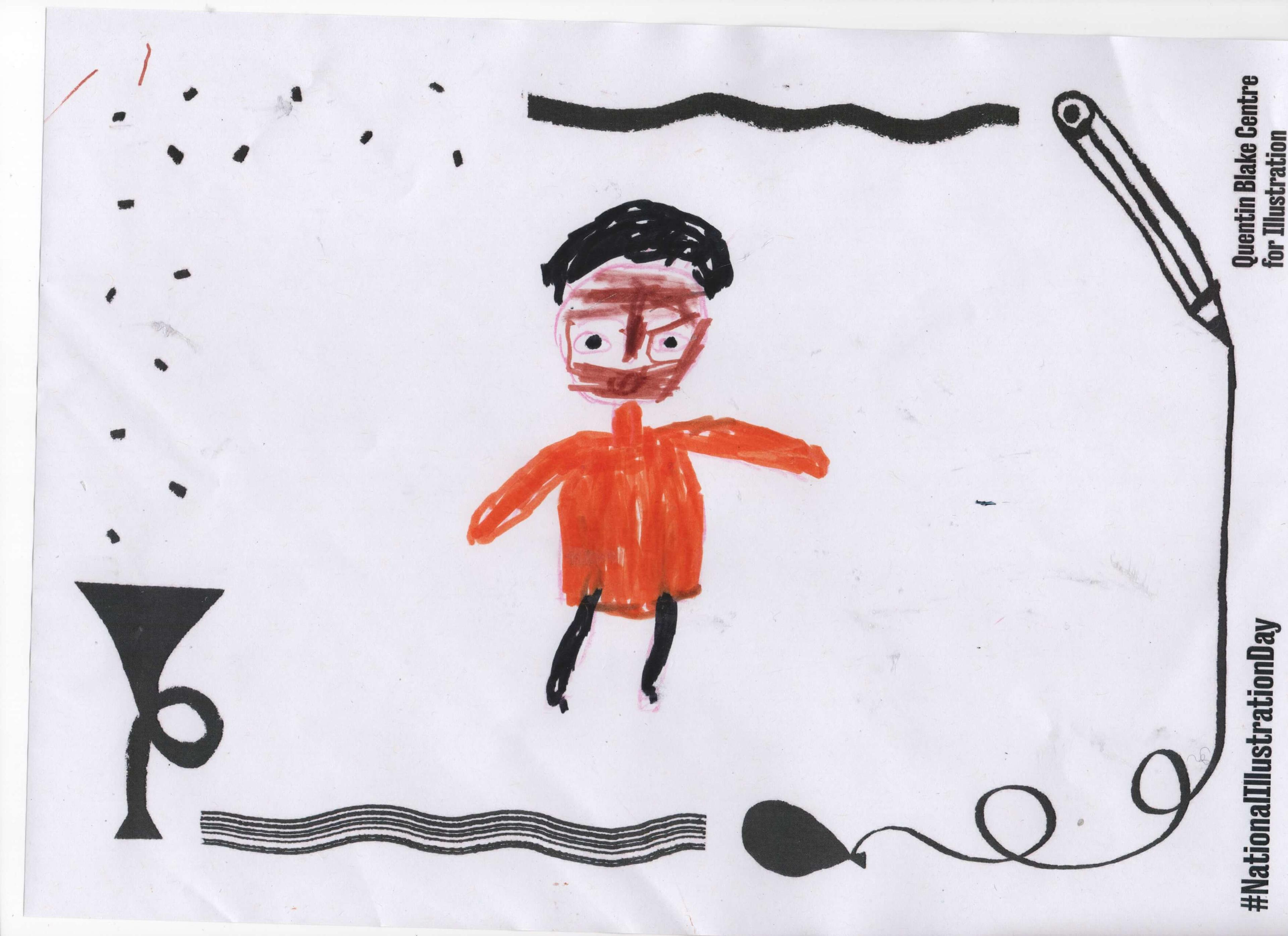 A coloured drawing of a child wearing a big orange jumper. 