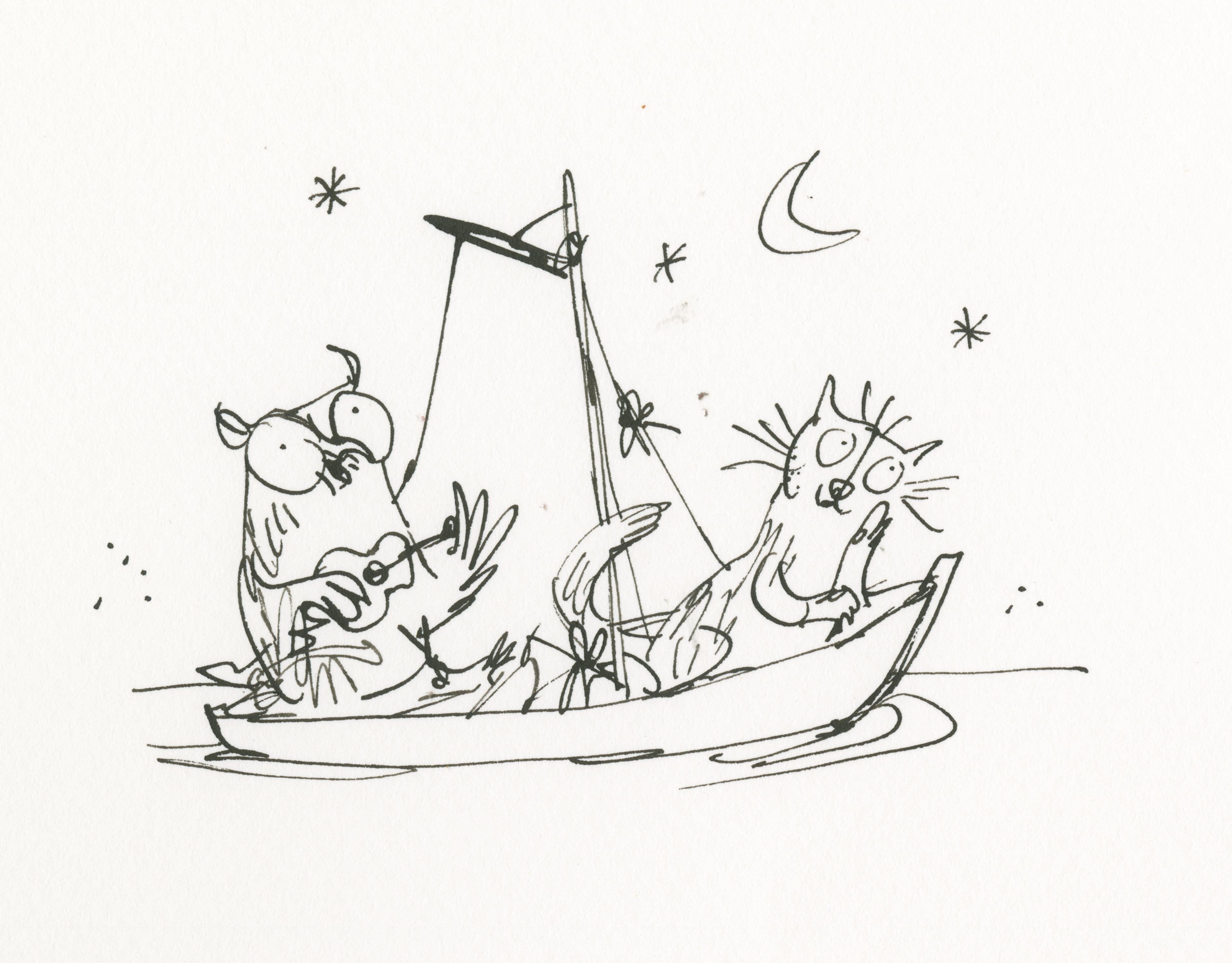 Line drawing of a guitar-playing owl and a cat in a sailing boat under moon and stars
