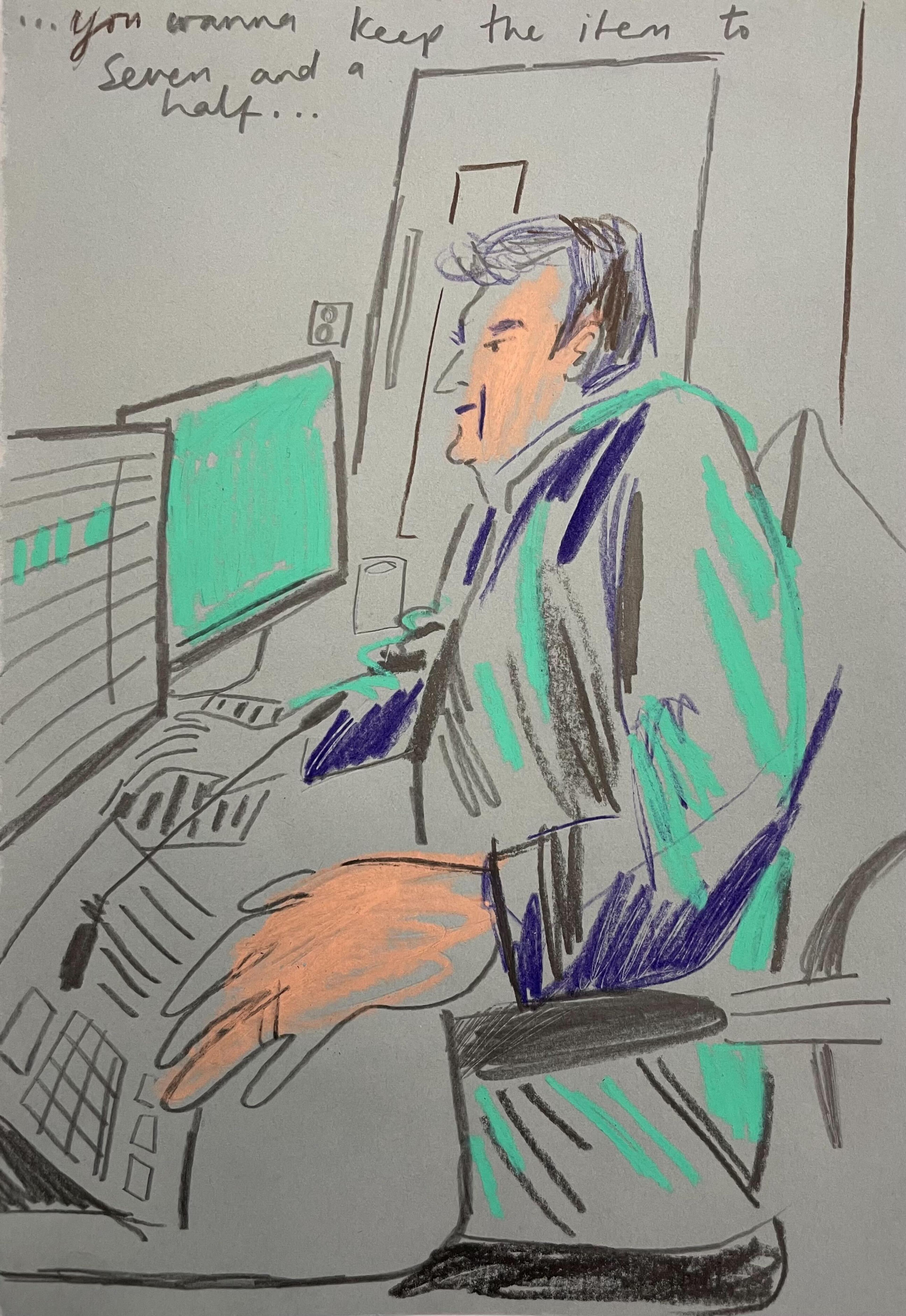 Illustration of a person sitting at a desk looking at two screens, typing on a keyboard in front of them. 