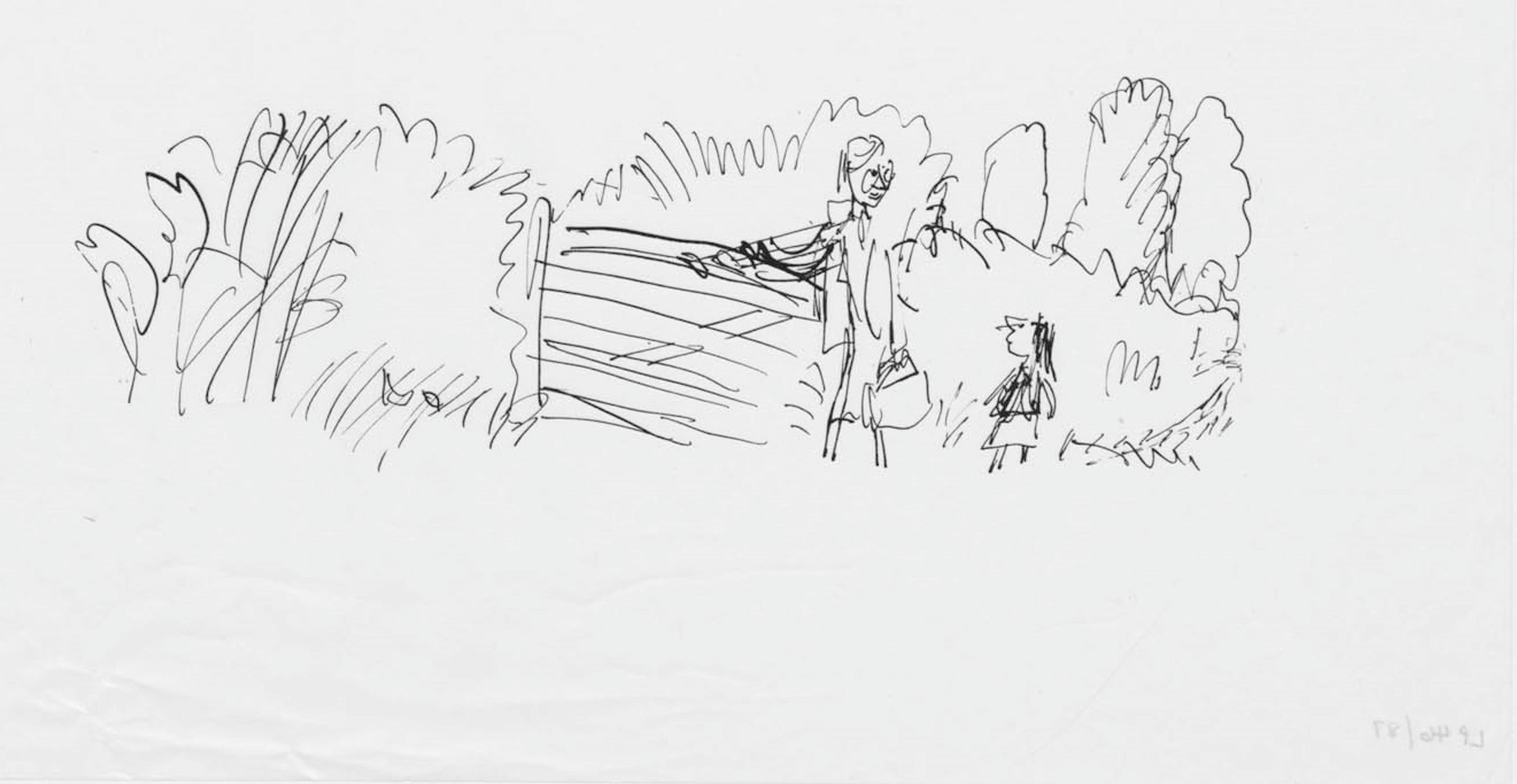 Sketch of Matilda and Miss Honey opening a gate surrounded by greenery