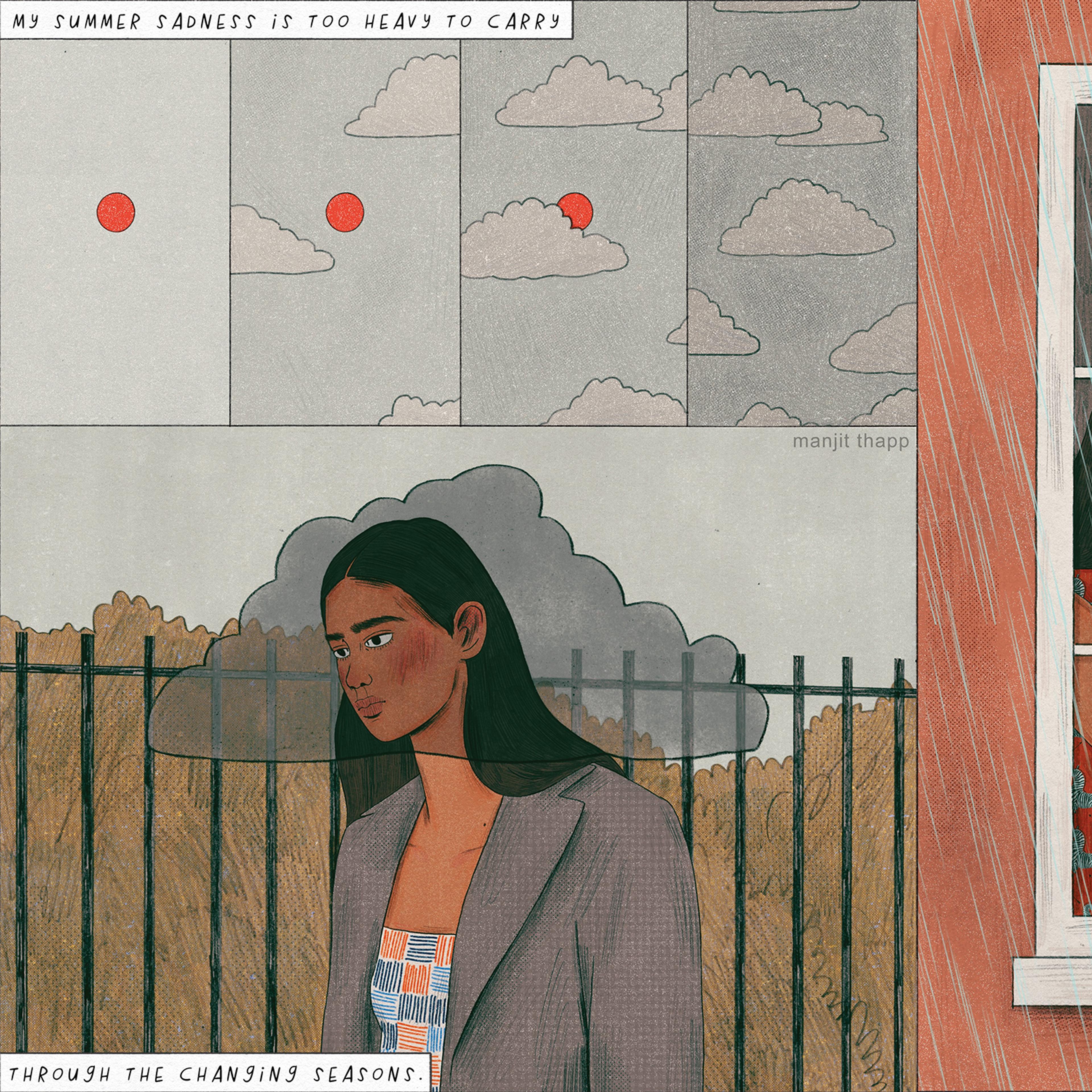 Graphic novel page showing cloudy weather juxtaposed with a sad woman with a cloud on her head