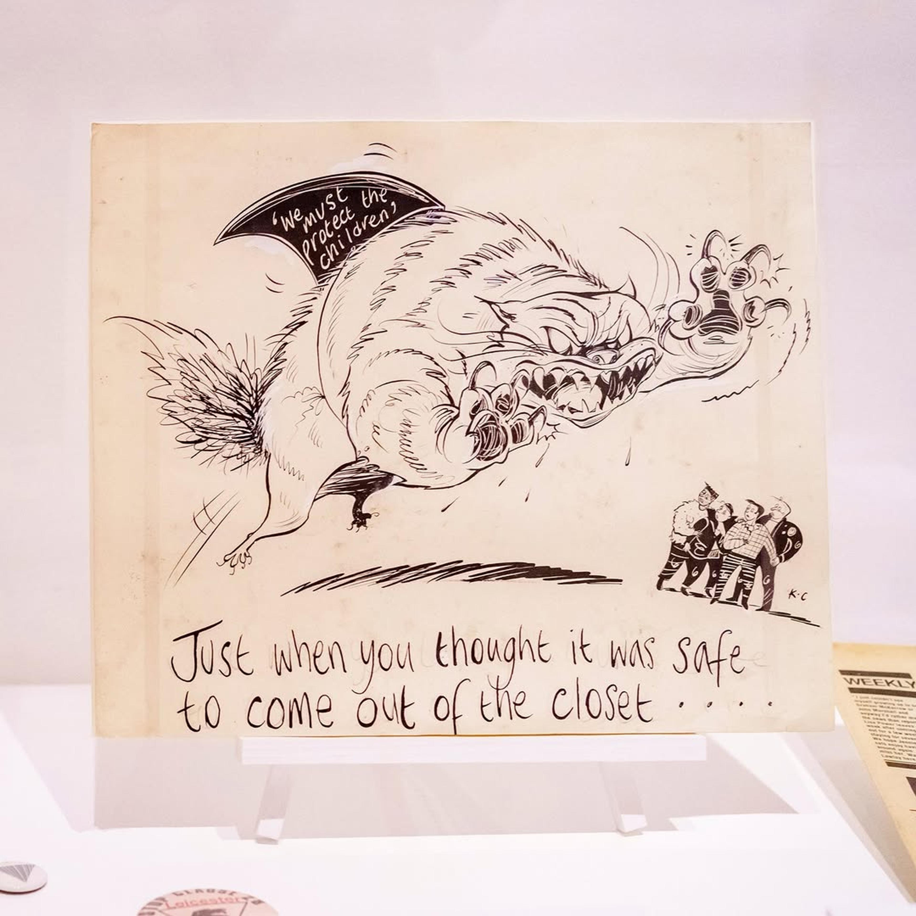 Cartoon of a menacing creature with text on its back: "We must protect the children." It chases a frightened group. Text below reads: "Just when you thought it was safe to come out of the closet..."