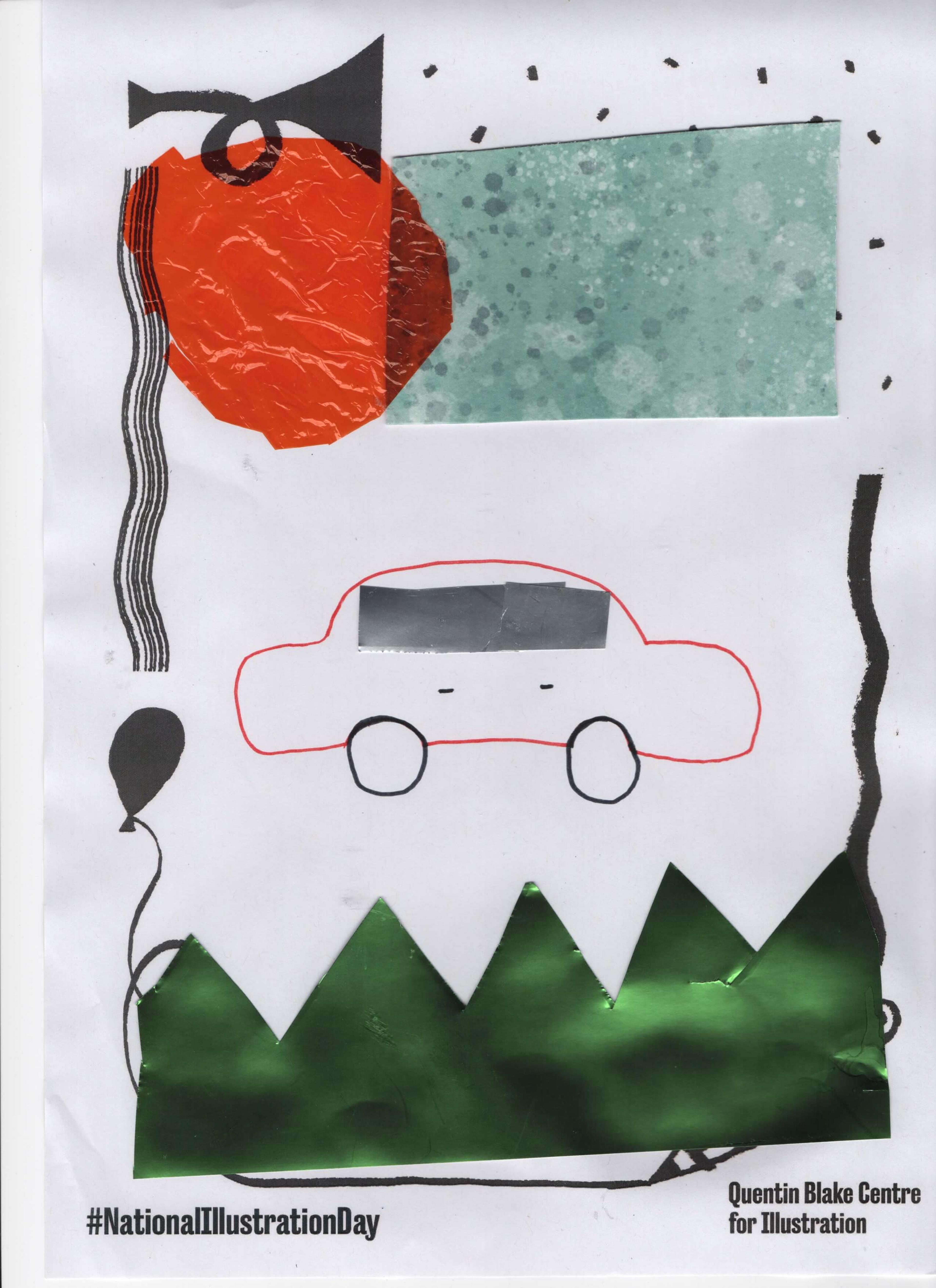 Marker drawing of a car set amidst collaged surroundings.