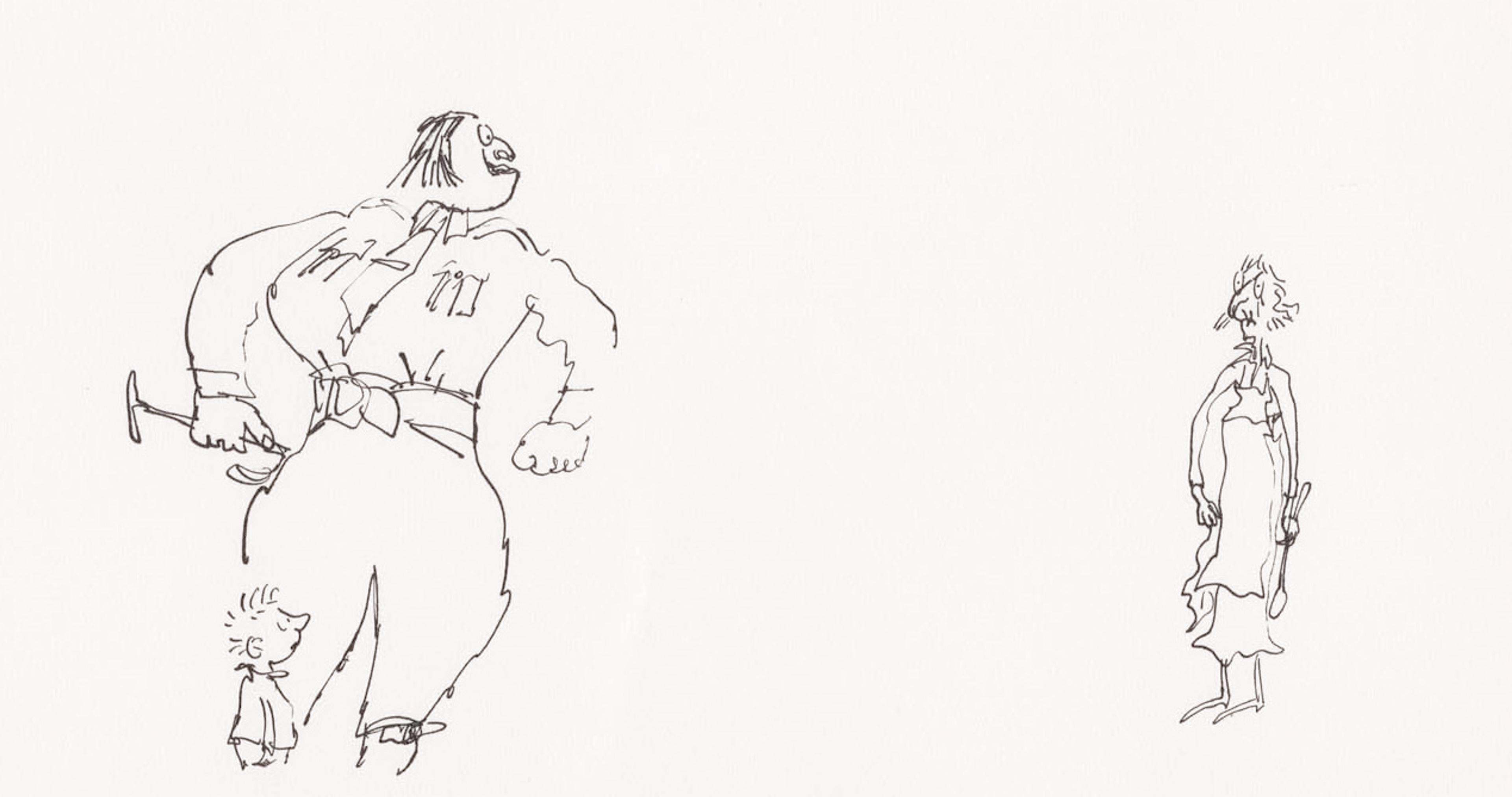 Sketch of Miss Trunchbull alongside a child, stood opposite a scrawny character