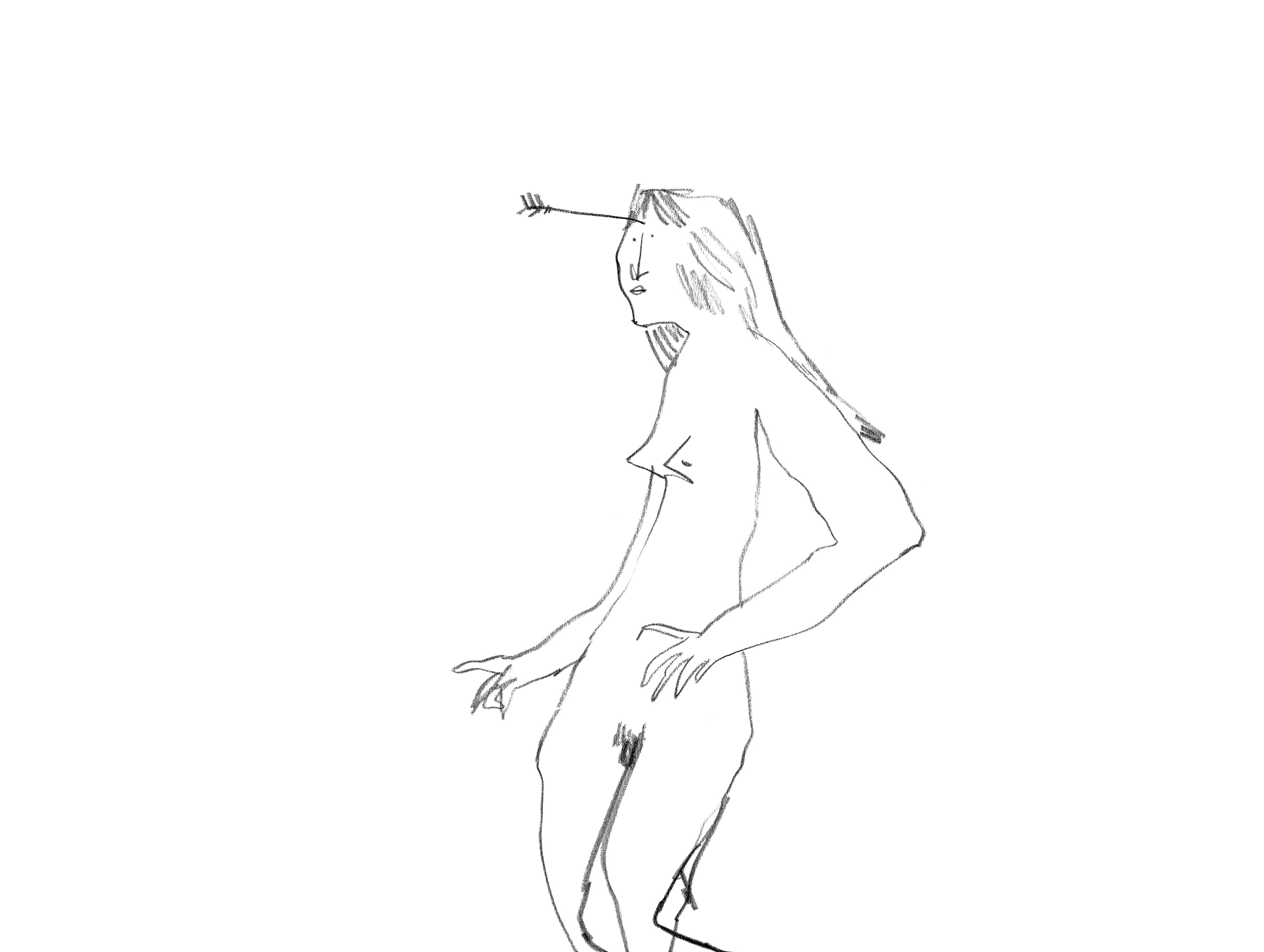 Drawing of a nude woman who has been stabbed by an arrow on her head