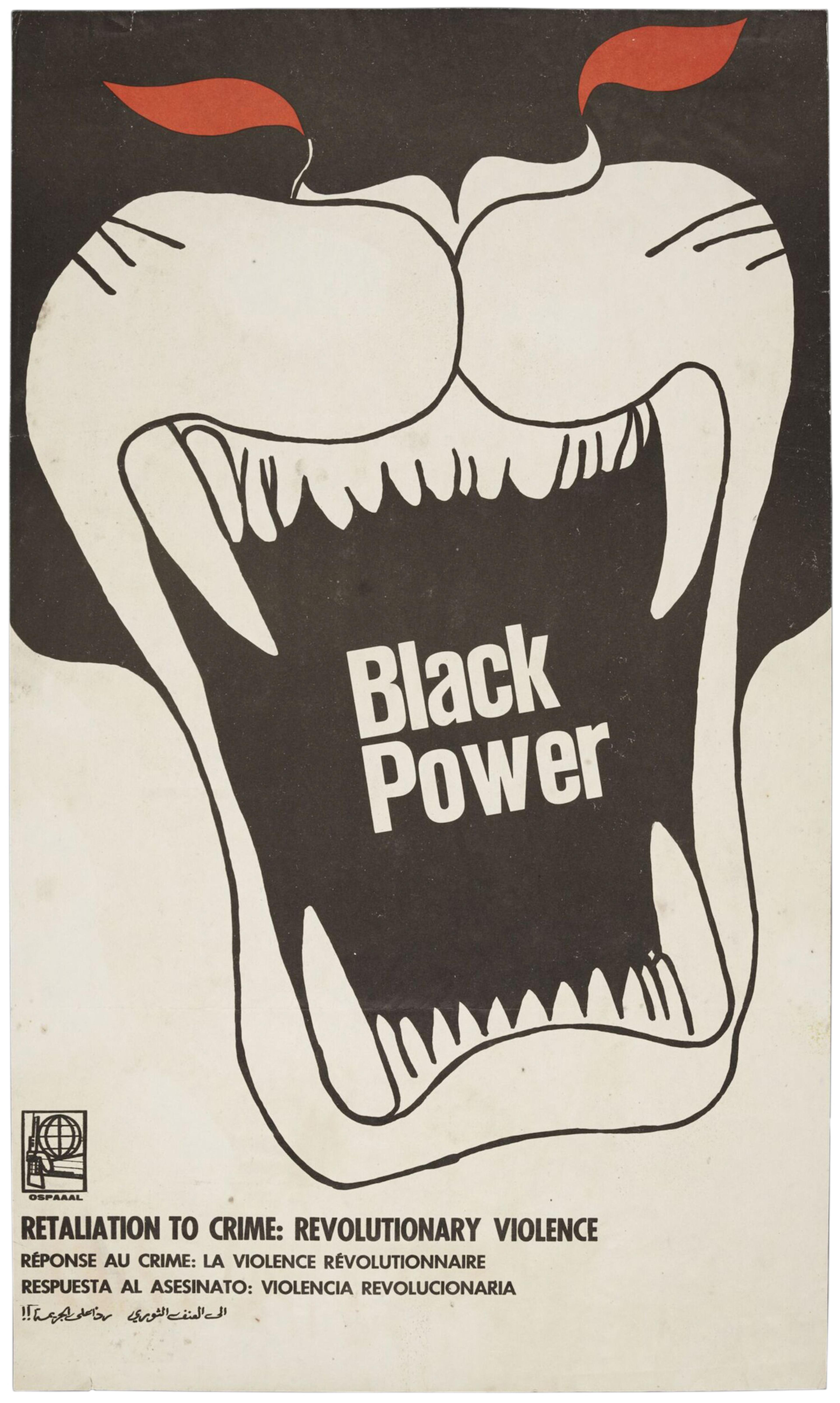 Colour offset lithograph poster with an illustration of an open-mouthed panther with red eyes. In its mouth are the words 'Black Power'. Lettered across the bottom in black, 'Retaliation to Crime: Revolutionary Violence', in Spanish, French, English and Arabic.