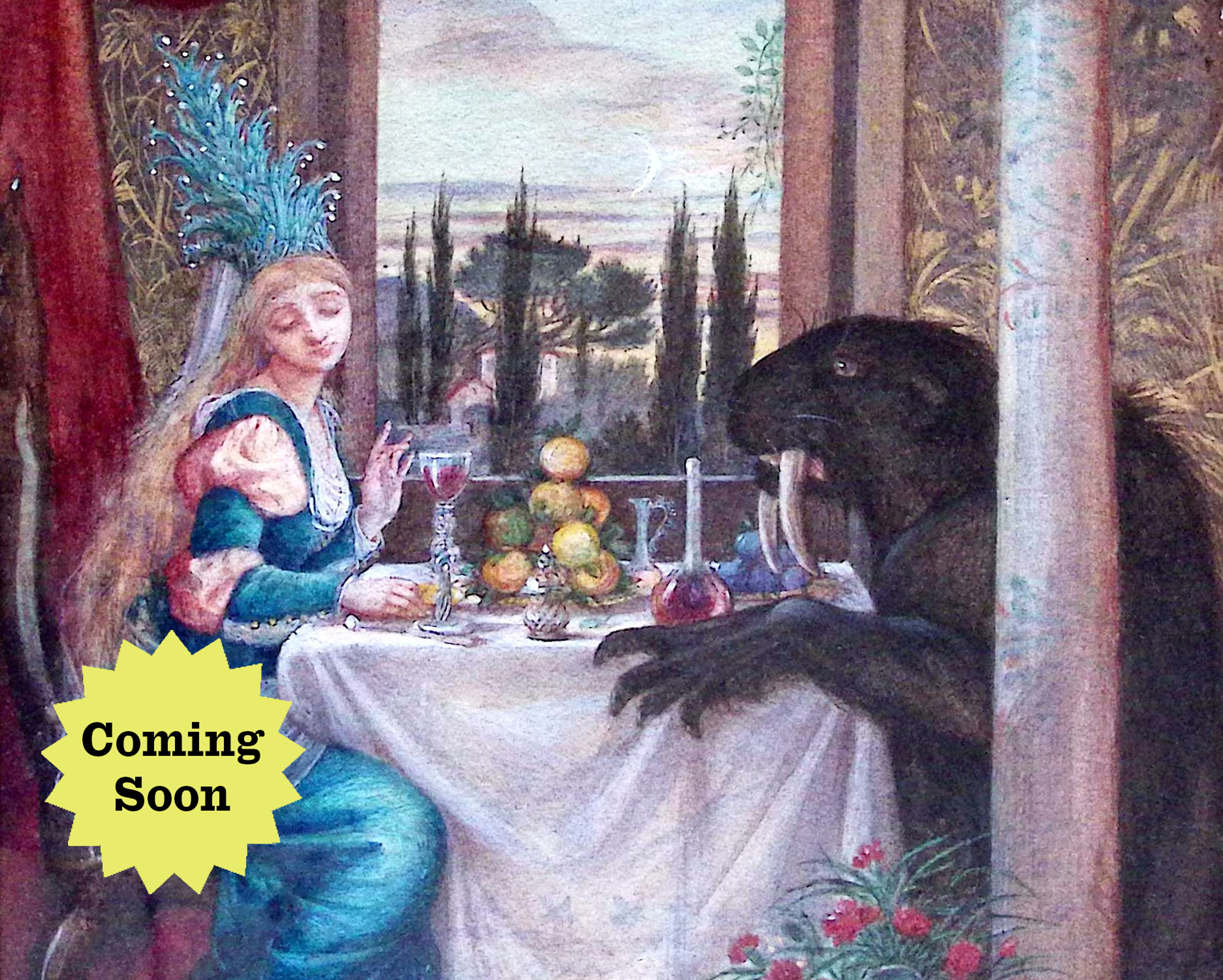 A pre-Raphaelite style woman in a turquoise dress and headdress sits at a table of food opposite a black furry creature with walrus tusks