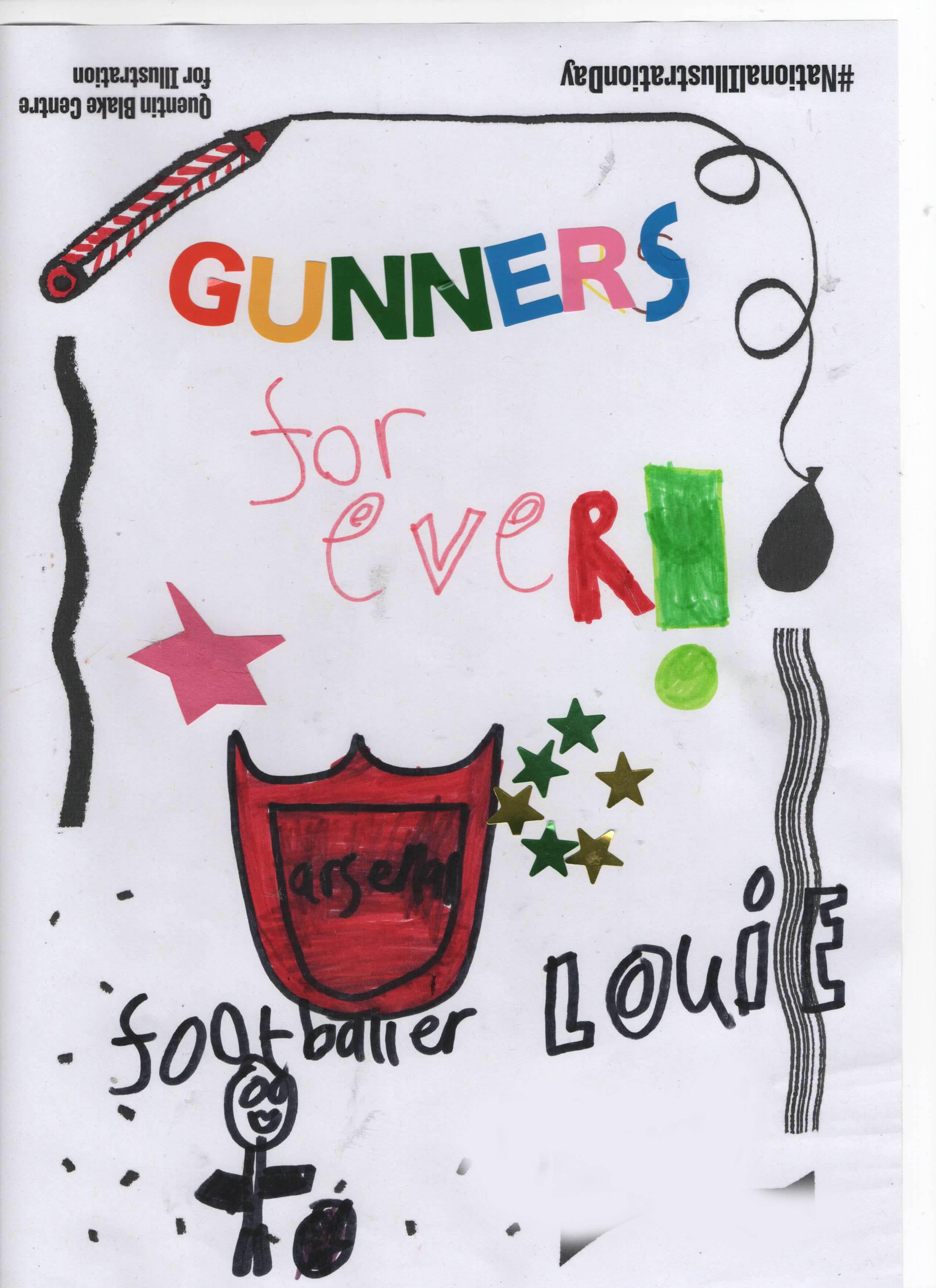 A red Arsenal crest surrounded by stars and a small figure with a ball. The picture includes the words "Gunners forever! Footballer Louie"
