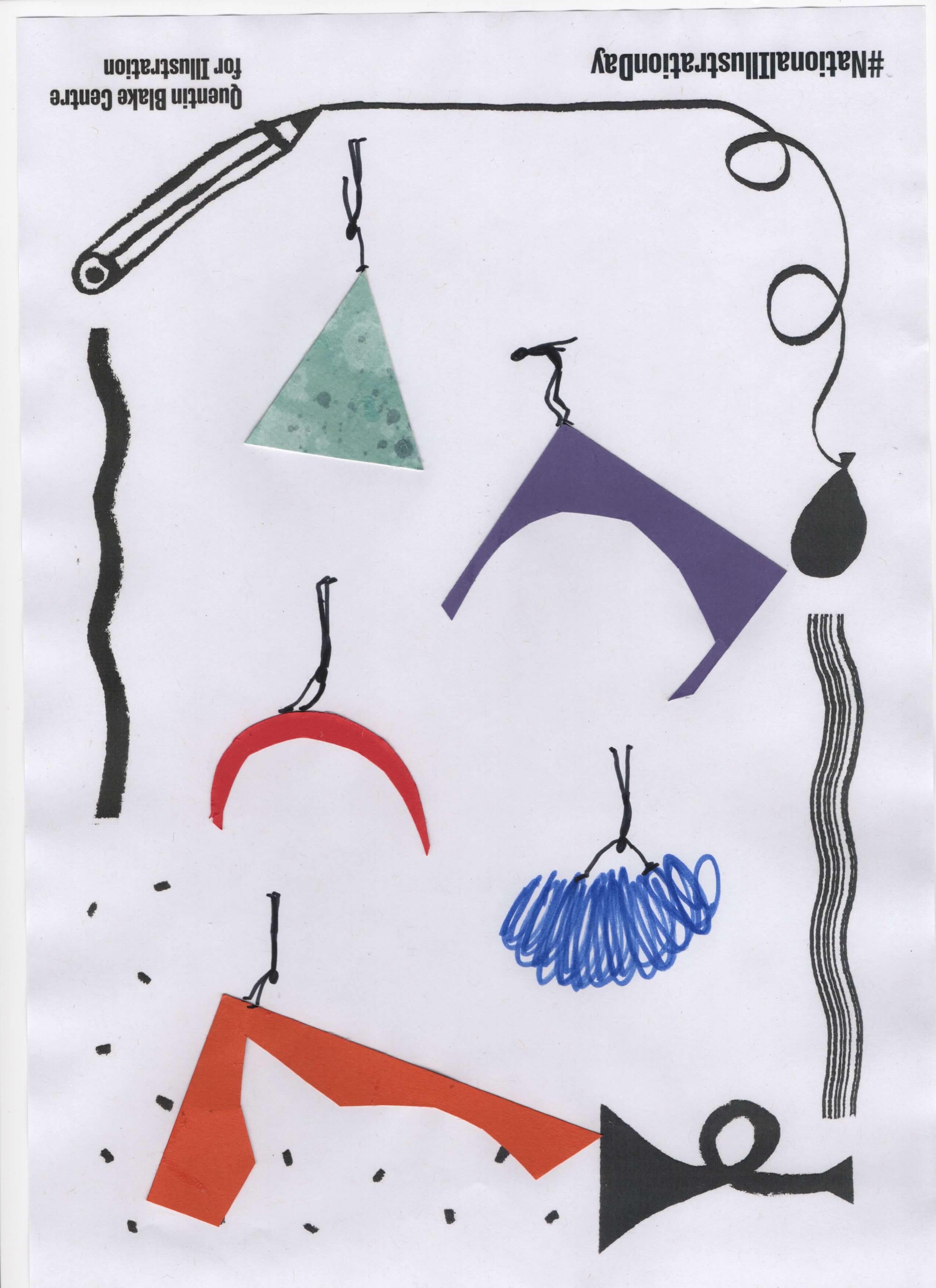Whimsical stick figures appearing to fall down the page, holding on to abstract collage cut-out shapes. 