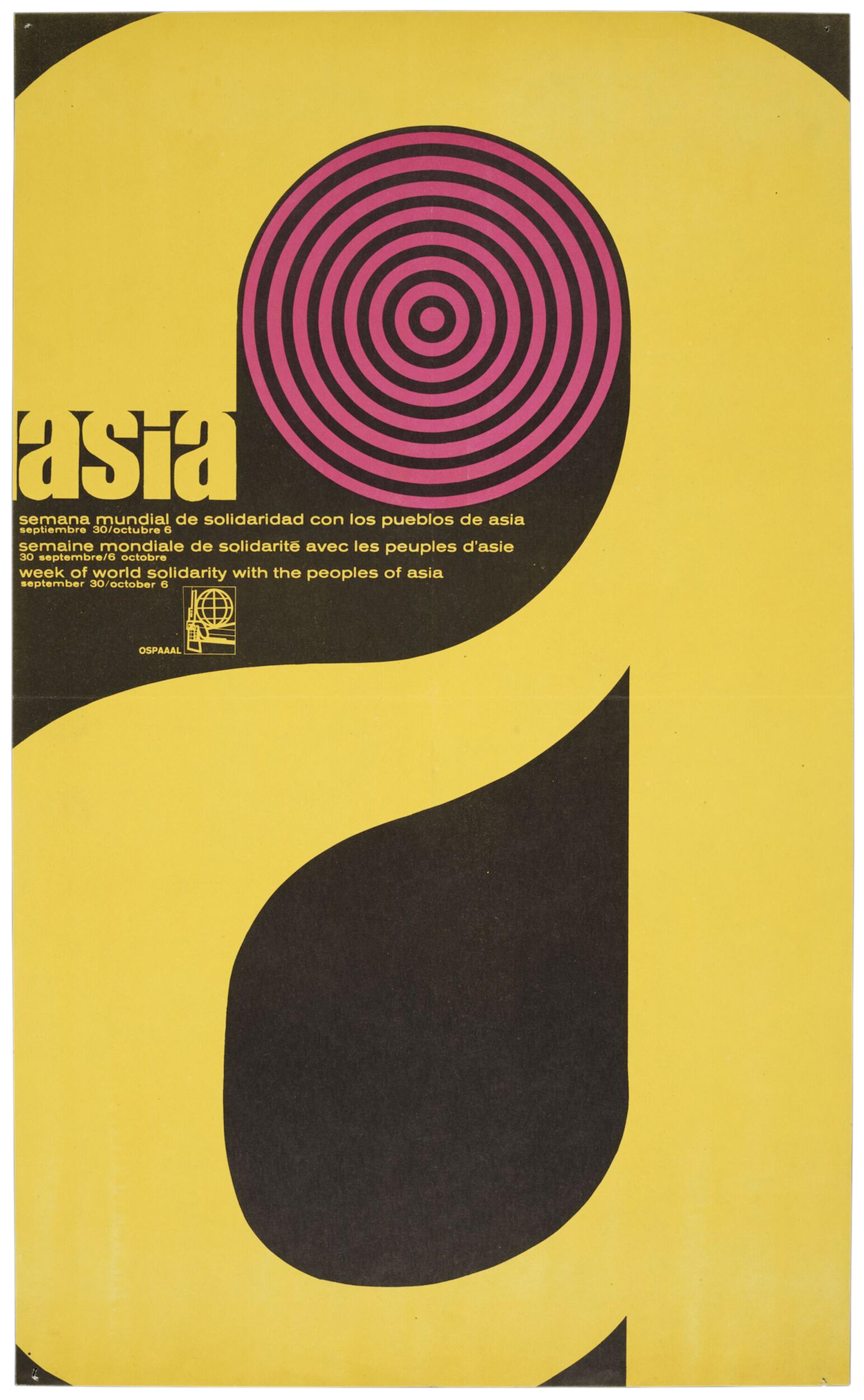 Poster depicting a large lower case letter 'a' filling the sheet, with a red spiral in the upper hook of the letterform. The poster advertises a Week of World Solidarity with the peoples of Asia. Lettered in three languages (Spanish, French, English).