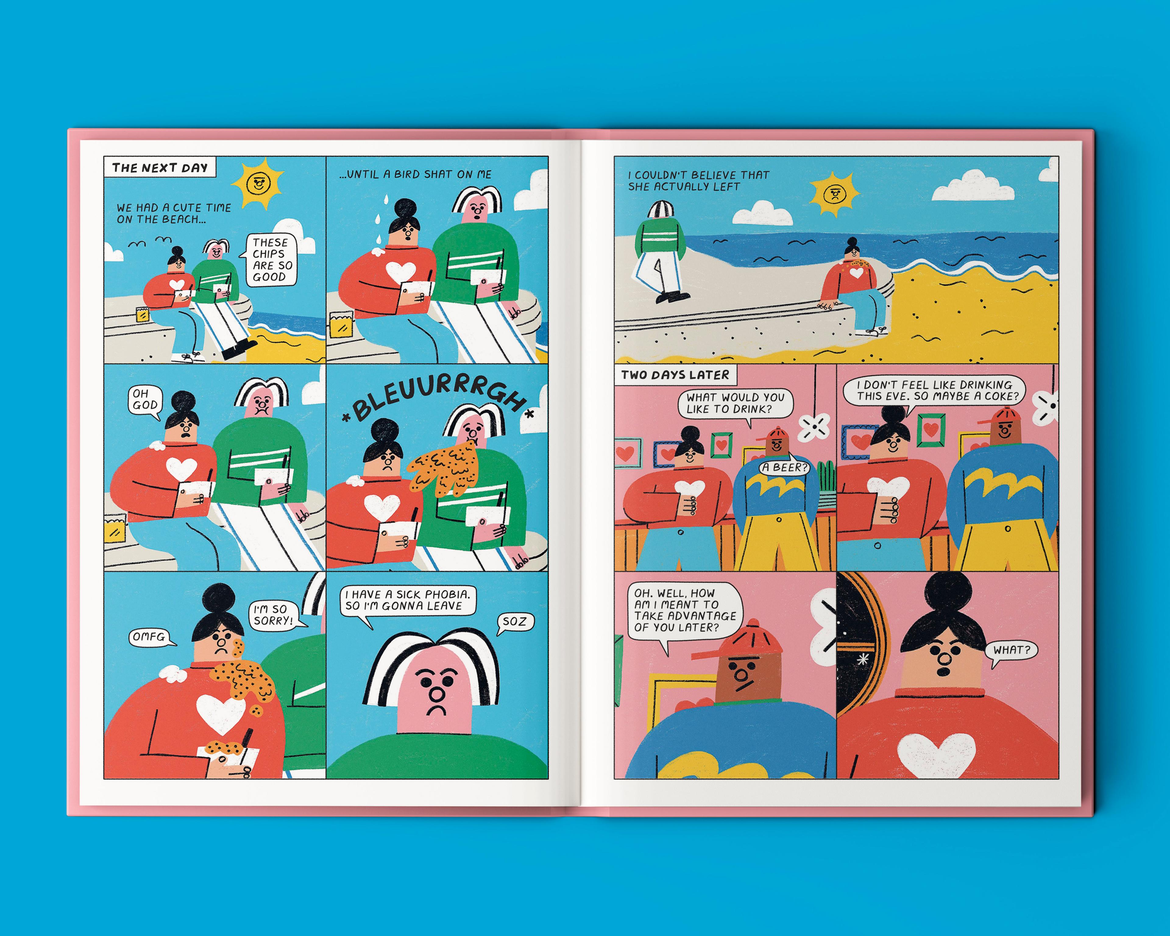 A person in a colourful studio space leaning on a desk looking ahead smiling. There are artworks stuck on the wall.