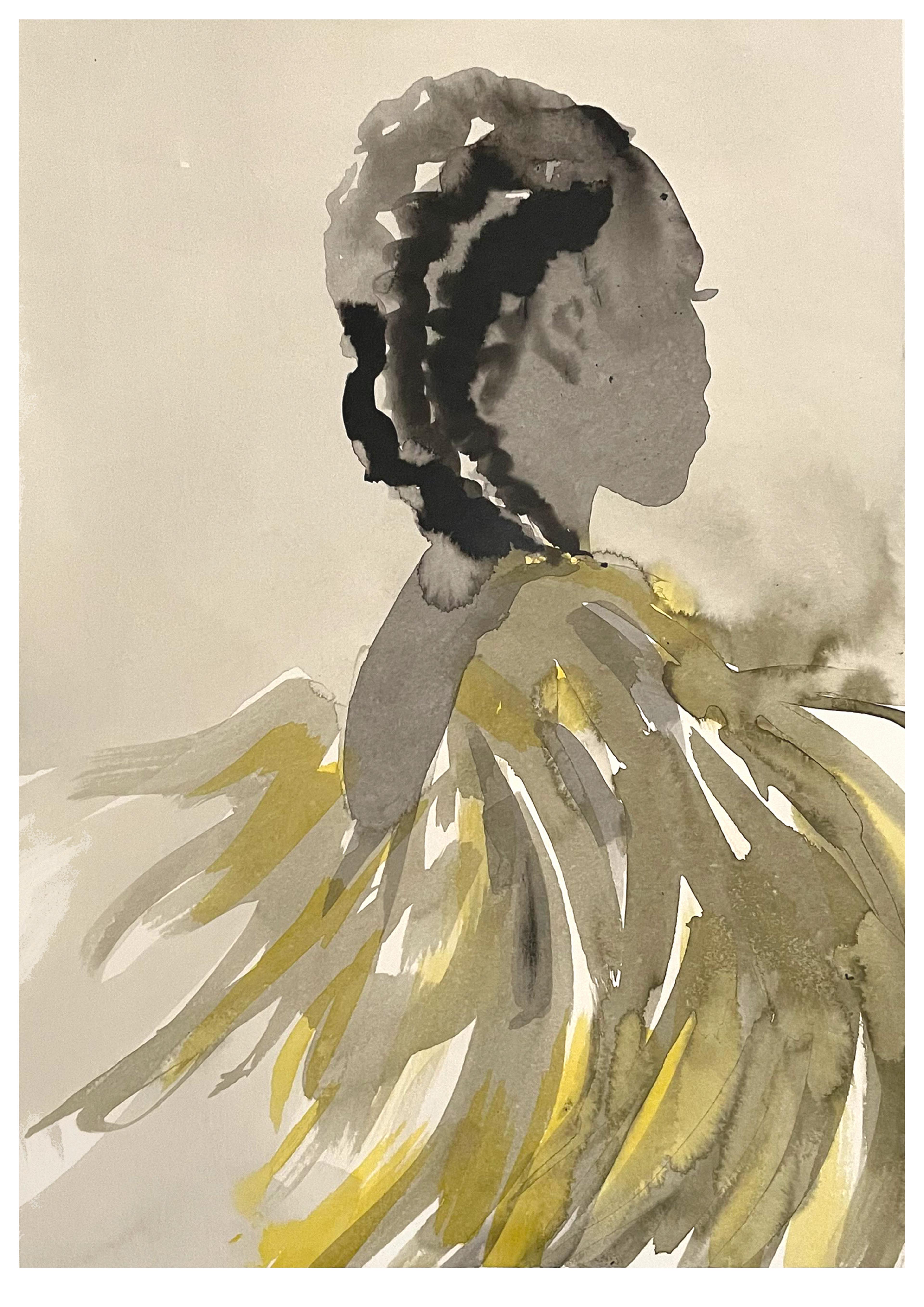 Illustration of person from the back with braided hair and flowing yellow top