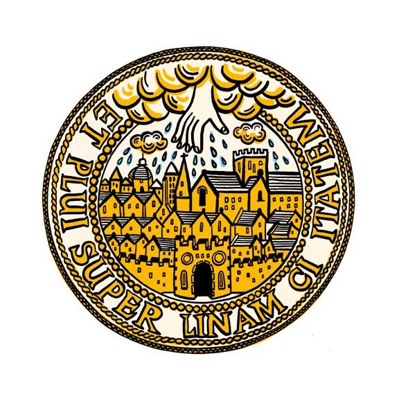 Illustration of a medal depicting a hand in the sky bringing rain to a city. On the outer border, we see the words 'et plui super linem ci itatem'.