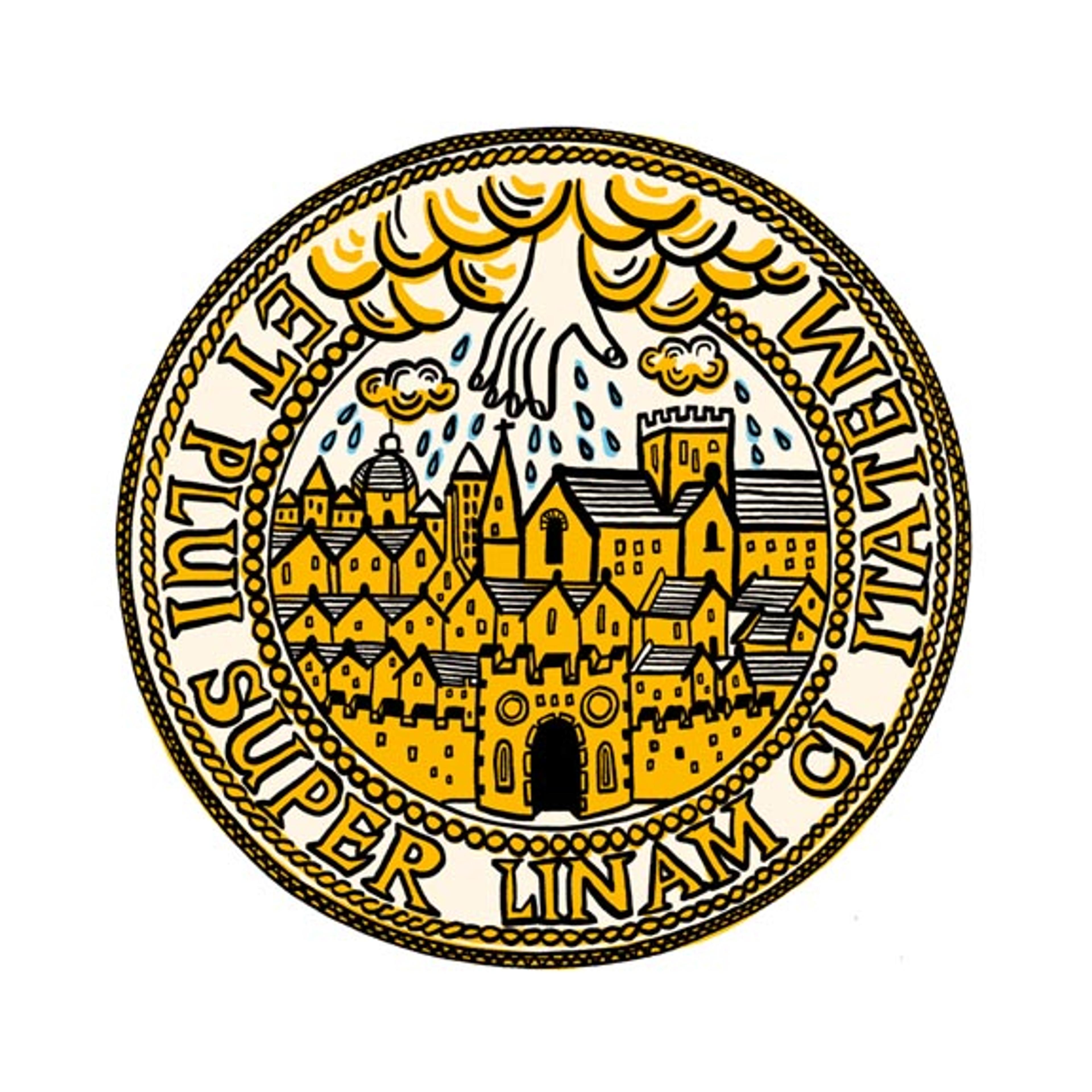Illustration of a medal depicting a hand in the sky bringing rain to a city. On the outer border, we see the words 'et plui super linem ci itatem'.