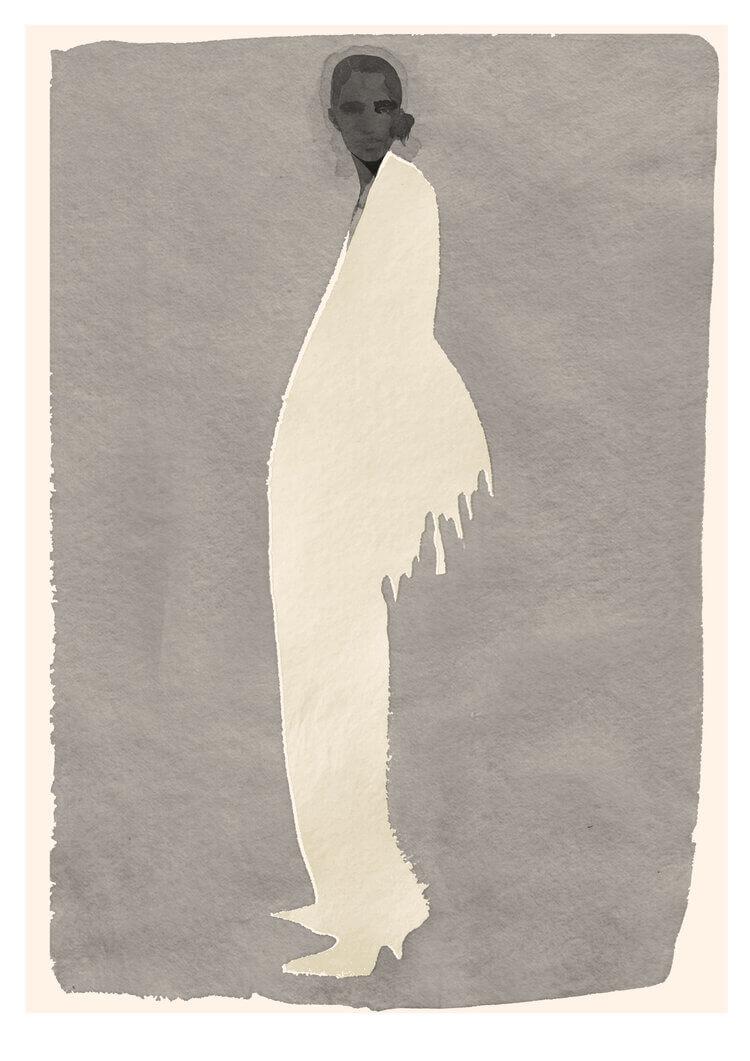 Illustration of full length figure standing sideways and looking out towards you