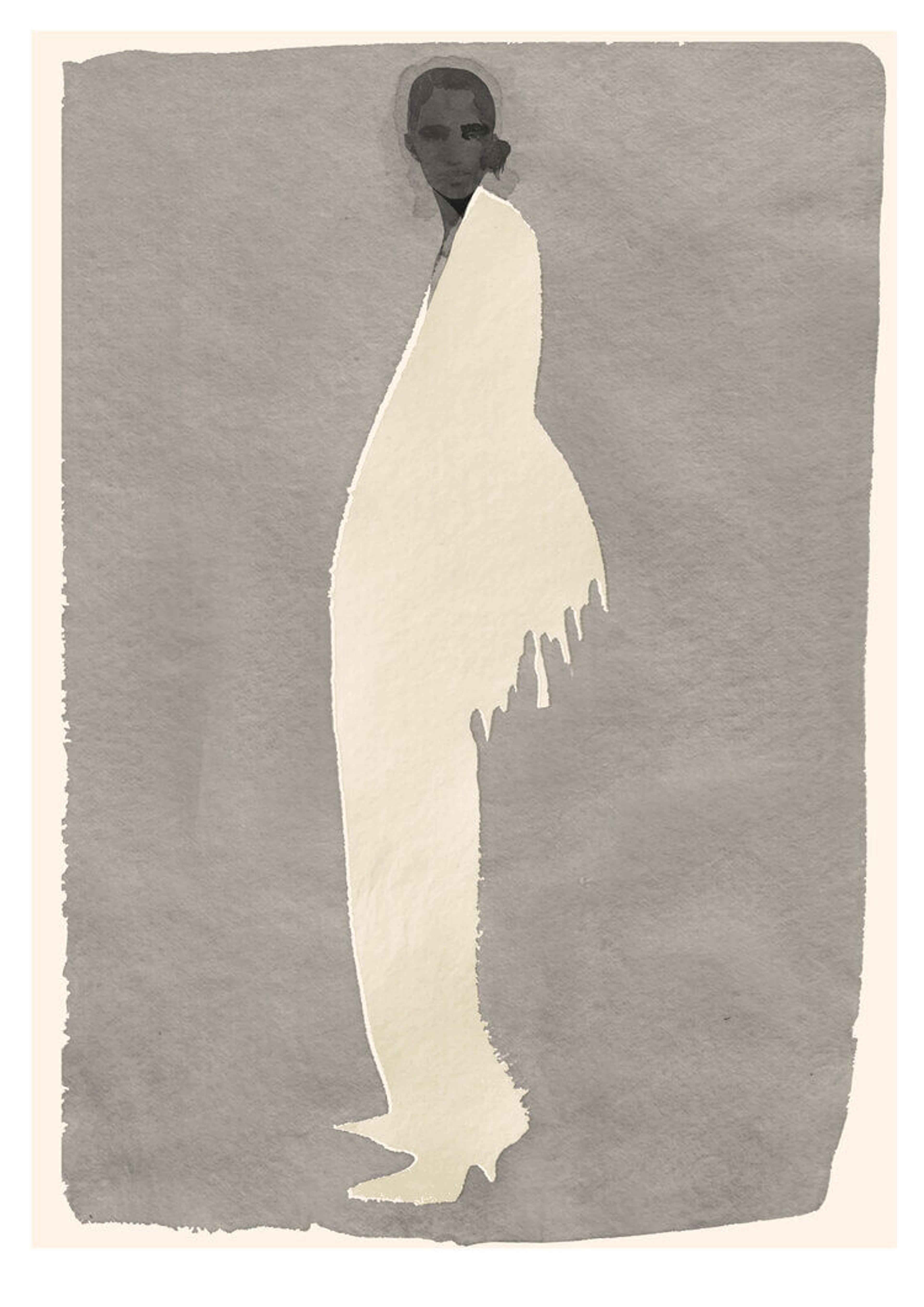 Illustration of full length figure standing sideways and looking out towards you