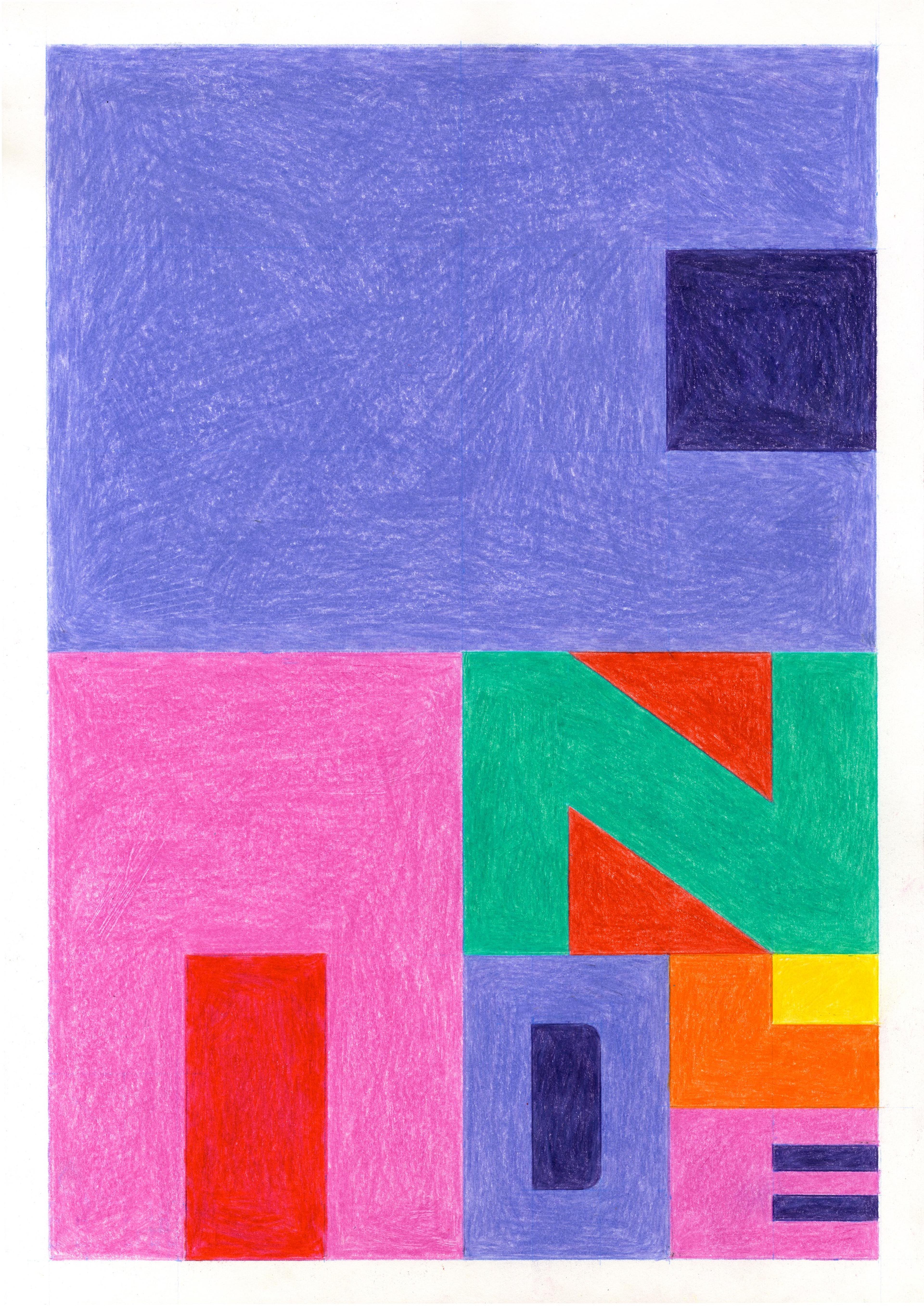 Pencil illustration with the letters of the word 'candle' arranged as coloured blocks