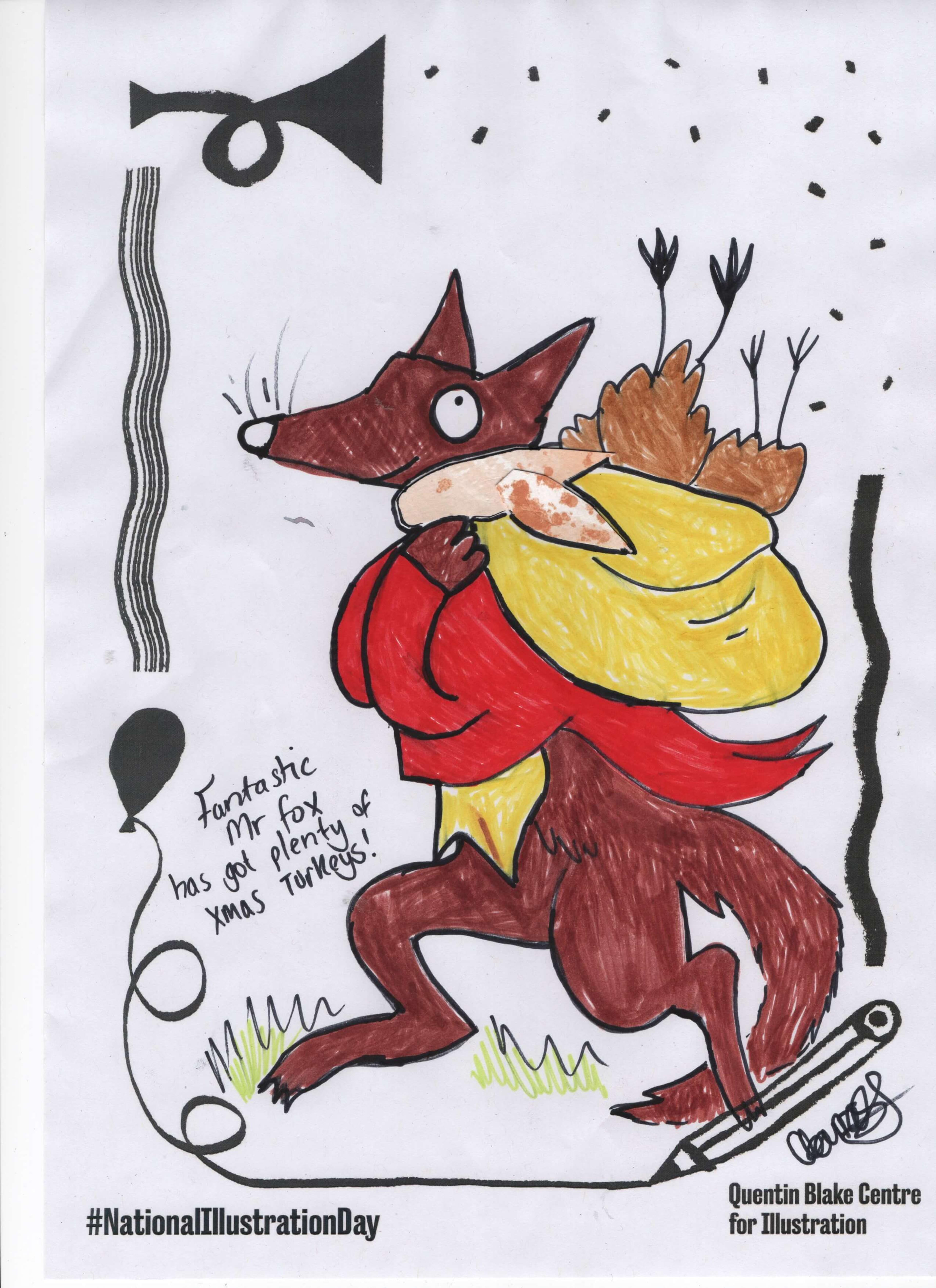 Cartoon of a smiling fox holding a sack with visible poultry legs sticking out. The drawing includes the text "Fantastic Mr Fox has got plenty of Xmas turkeys!" 