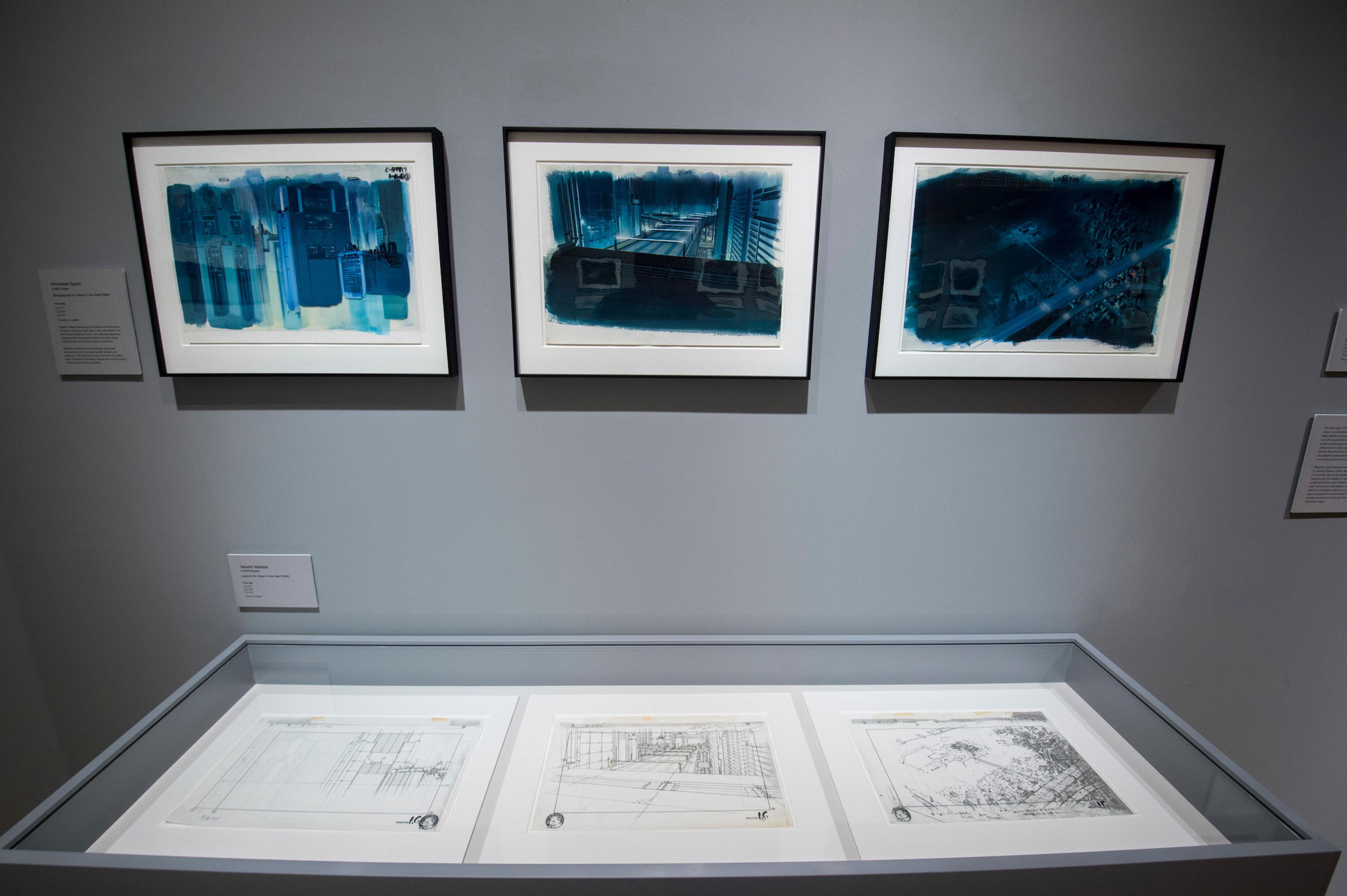 Framed illustrations displayed on a wall in a gallery space below them is a glass case with illustrations on display.