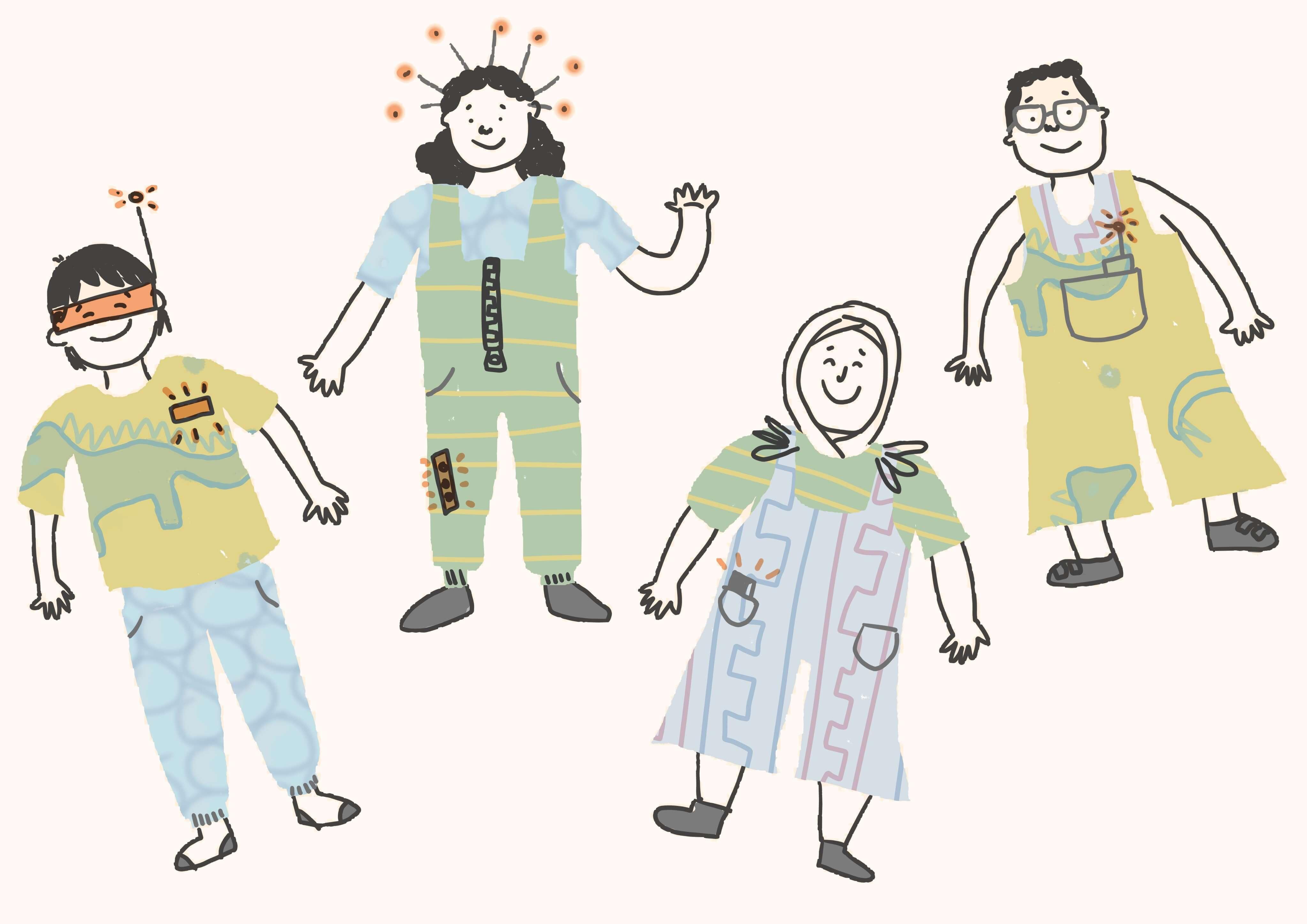 People dressed in patterned clothes with futuristic accessories