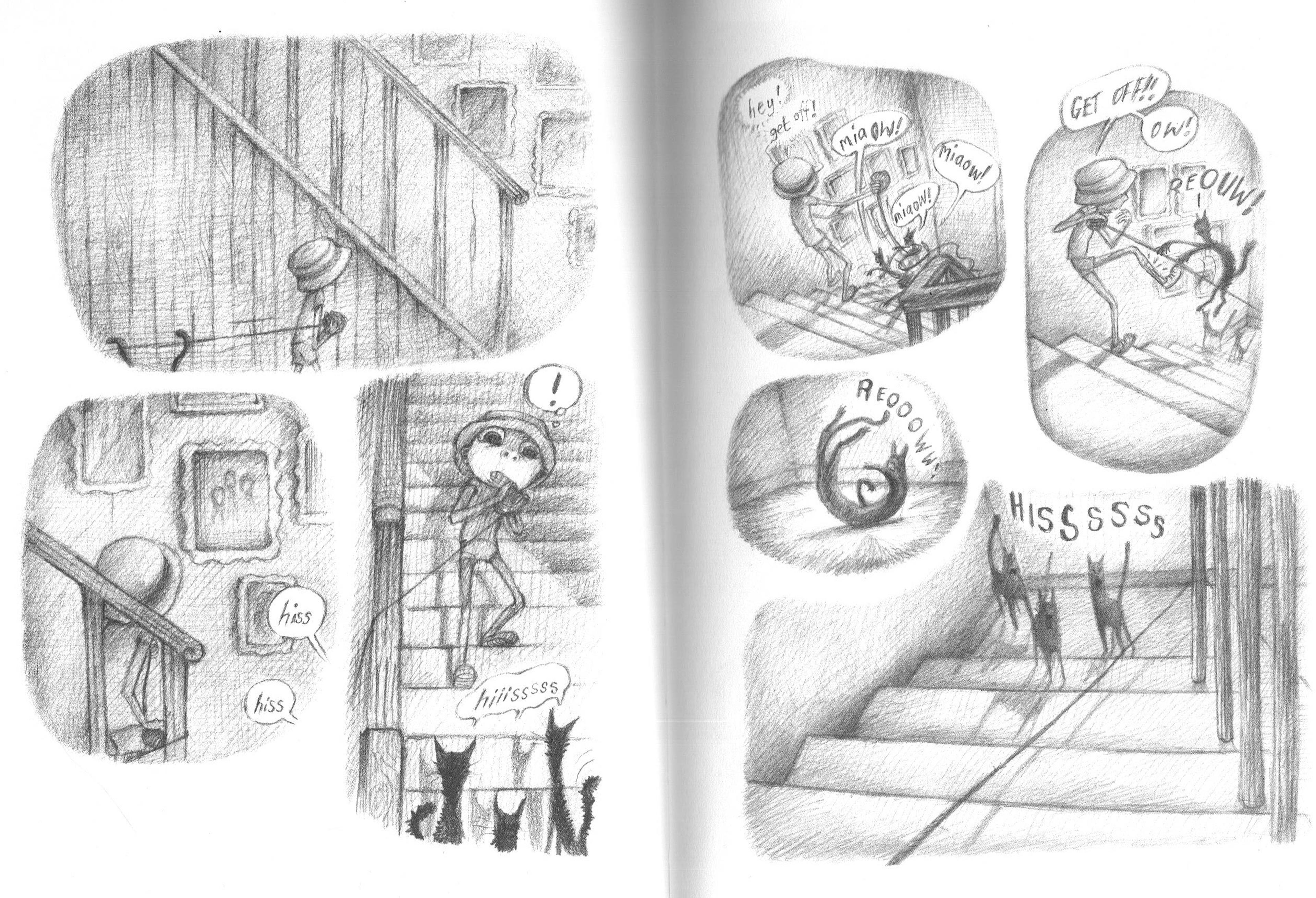 Double page spread of Wolf by Rachael Ball, a graphic novel in pencil on white paper.