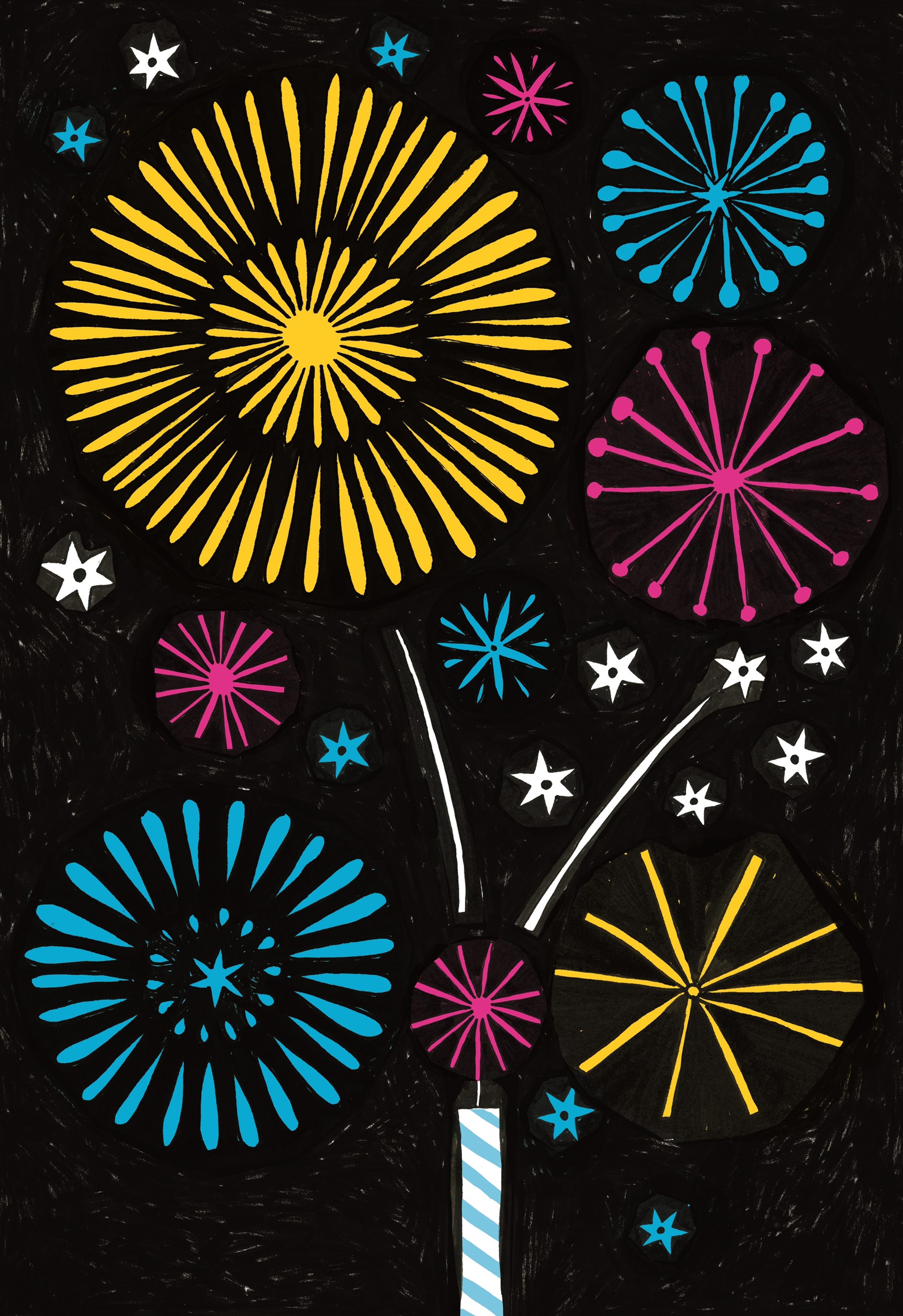 Illustration of a sparkler candle setting off fireworks