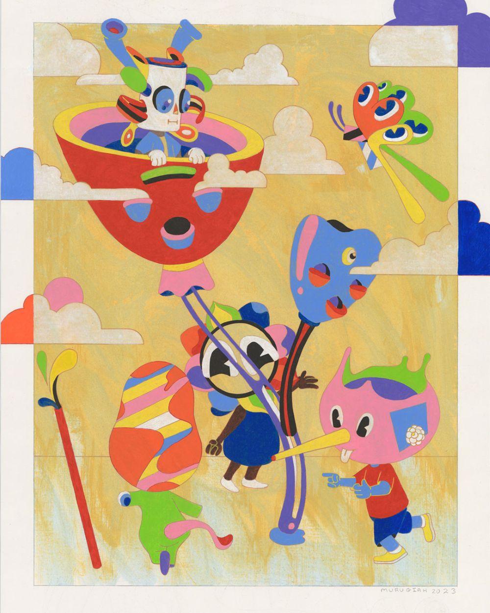 Colourful contemporary illustration by MURUGIAH featuring playful abstract characters including a figure in a red flying vessel, butterfly, and whimsical creatures in bold primary colours.