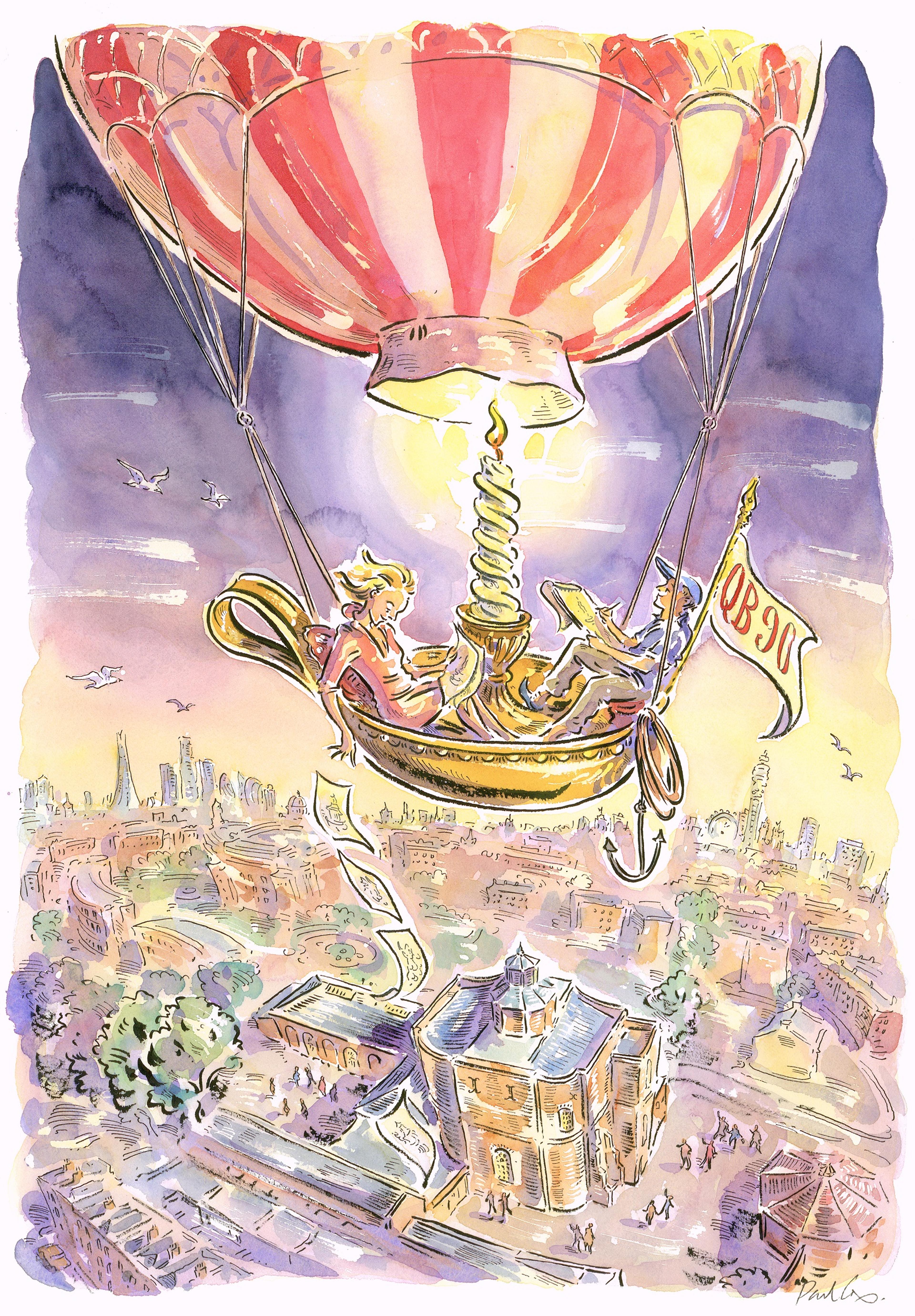 Two people in a hot air balloon powered by a candle, looking down on London