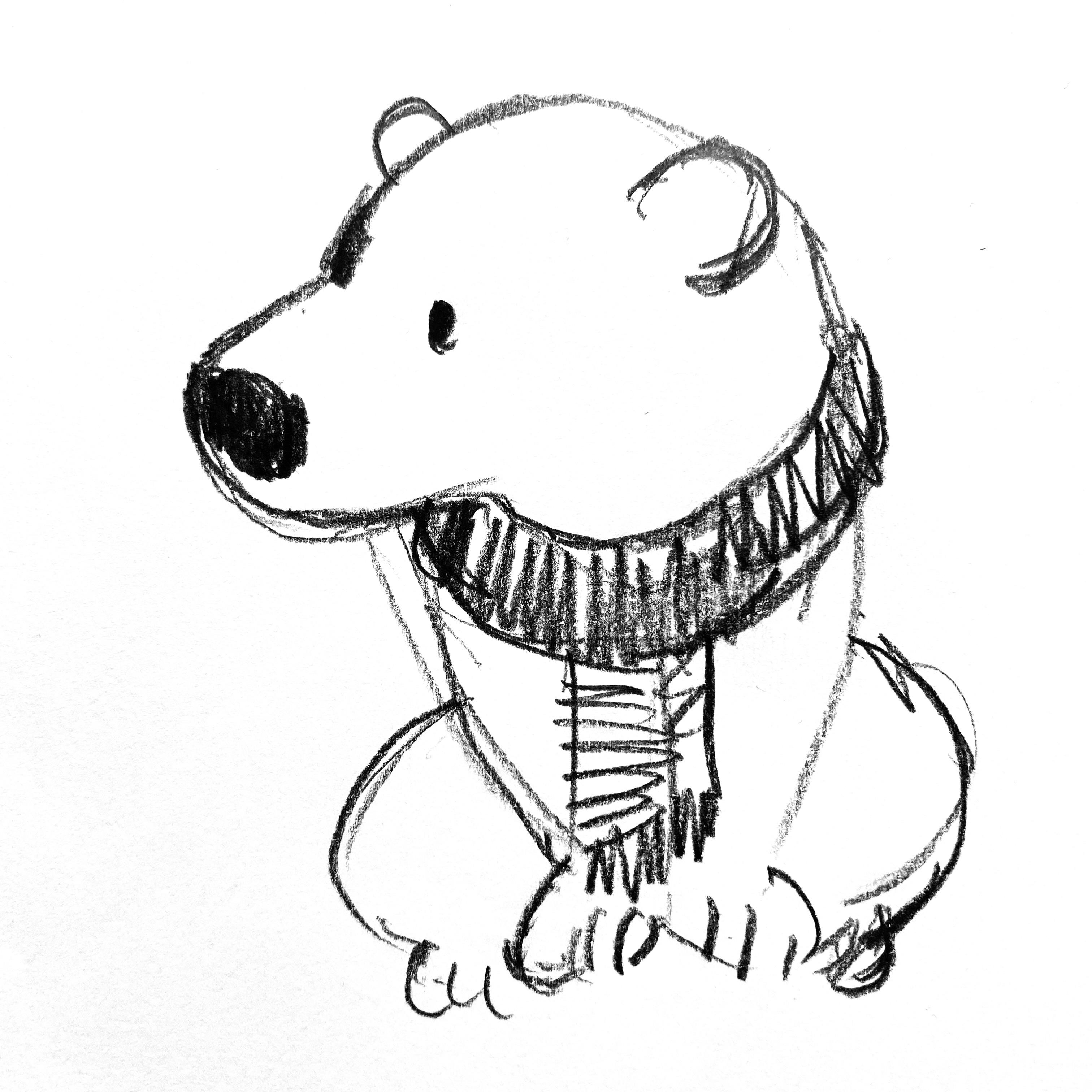Line drawing of a bear wearing a scarf.