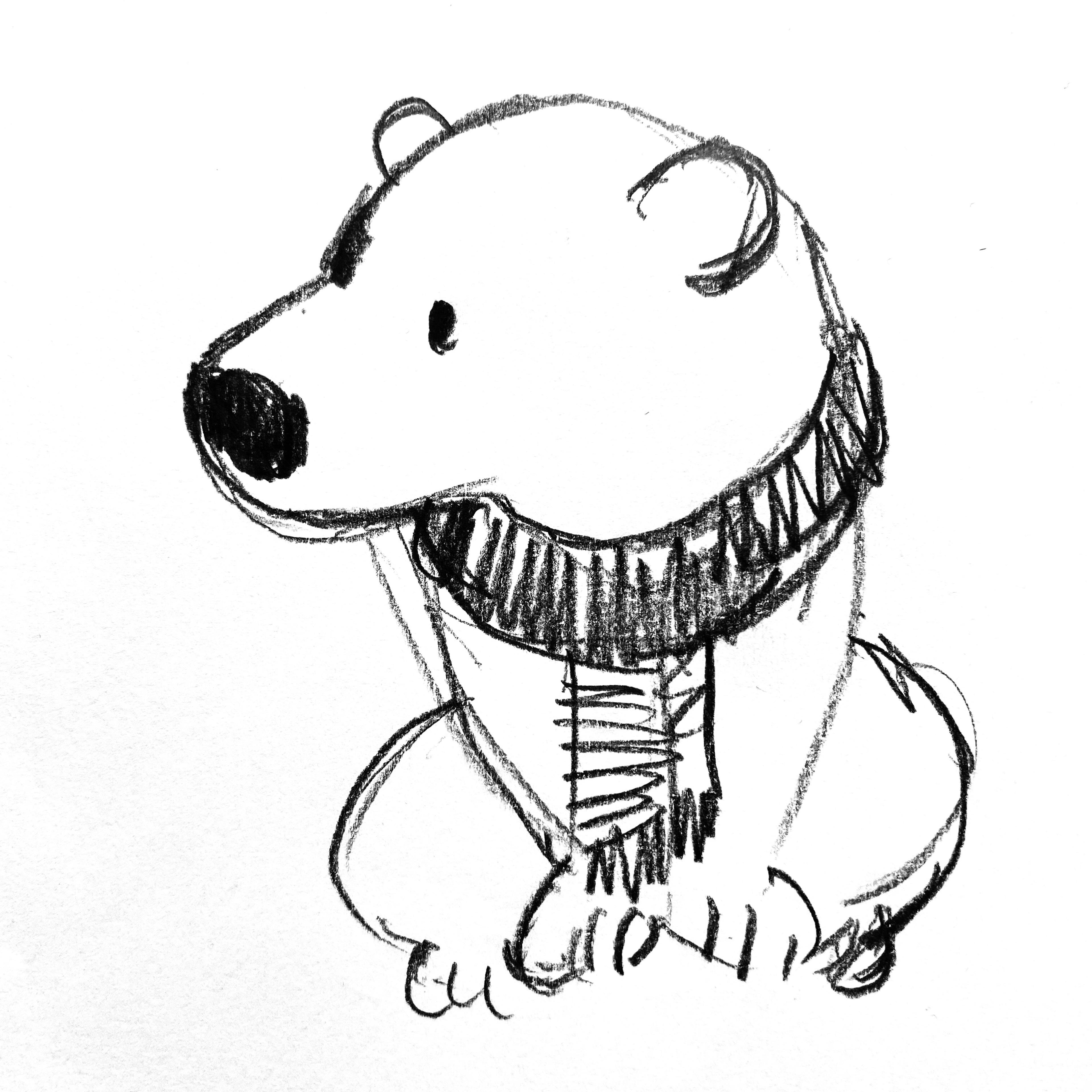 Line drawing of a bear wearing a scarf.