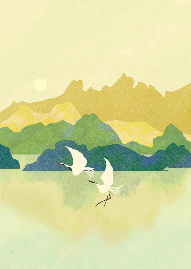 Two white cranes with red markings on their heads fly gracefully over a calm body of water, with layered, textured mountains in shades of pale yellow, green, and blue in the background.