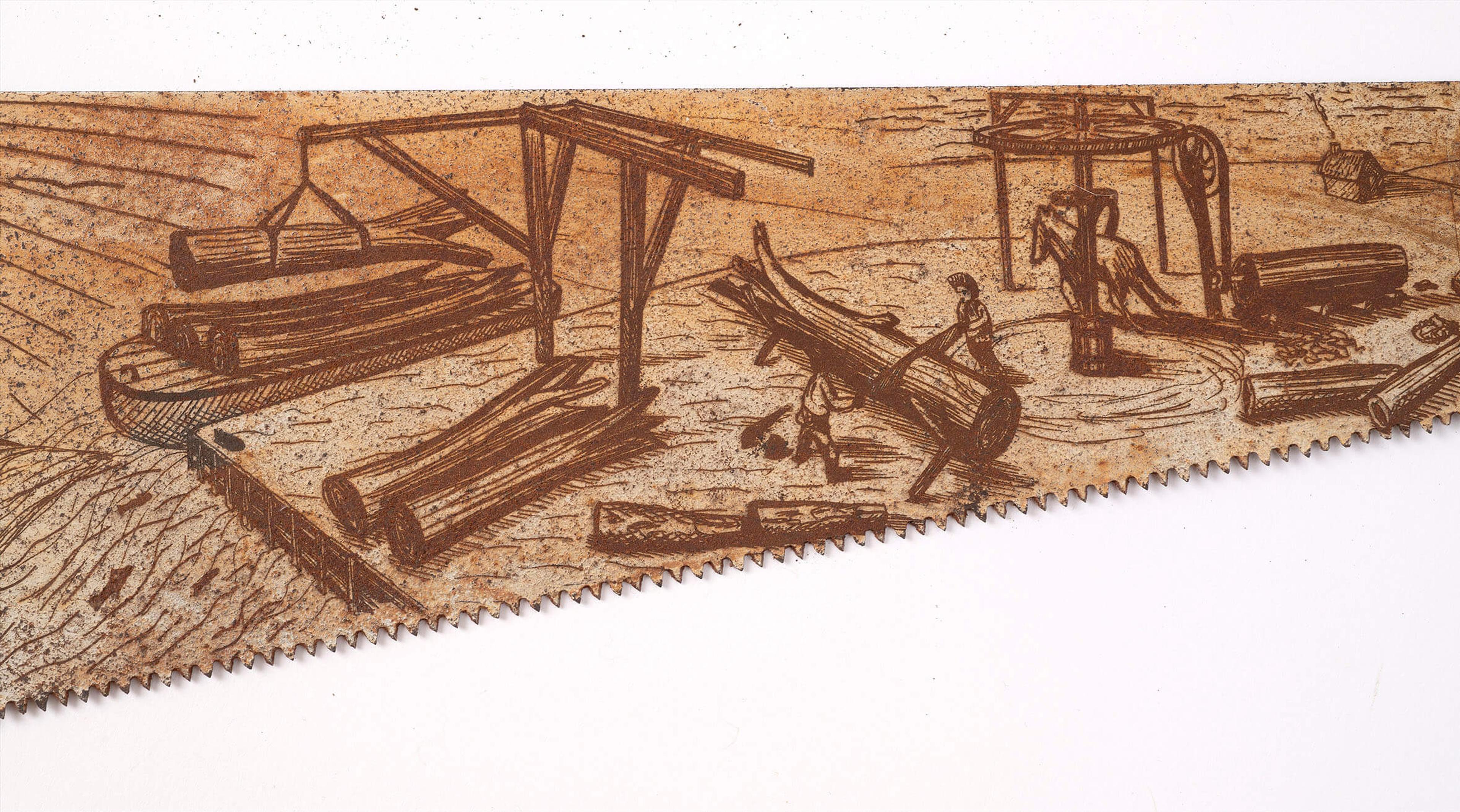 Sheet of rusted steel with illustration of wooden pipe manufacturing etched into the surface