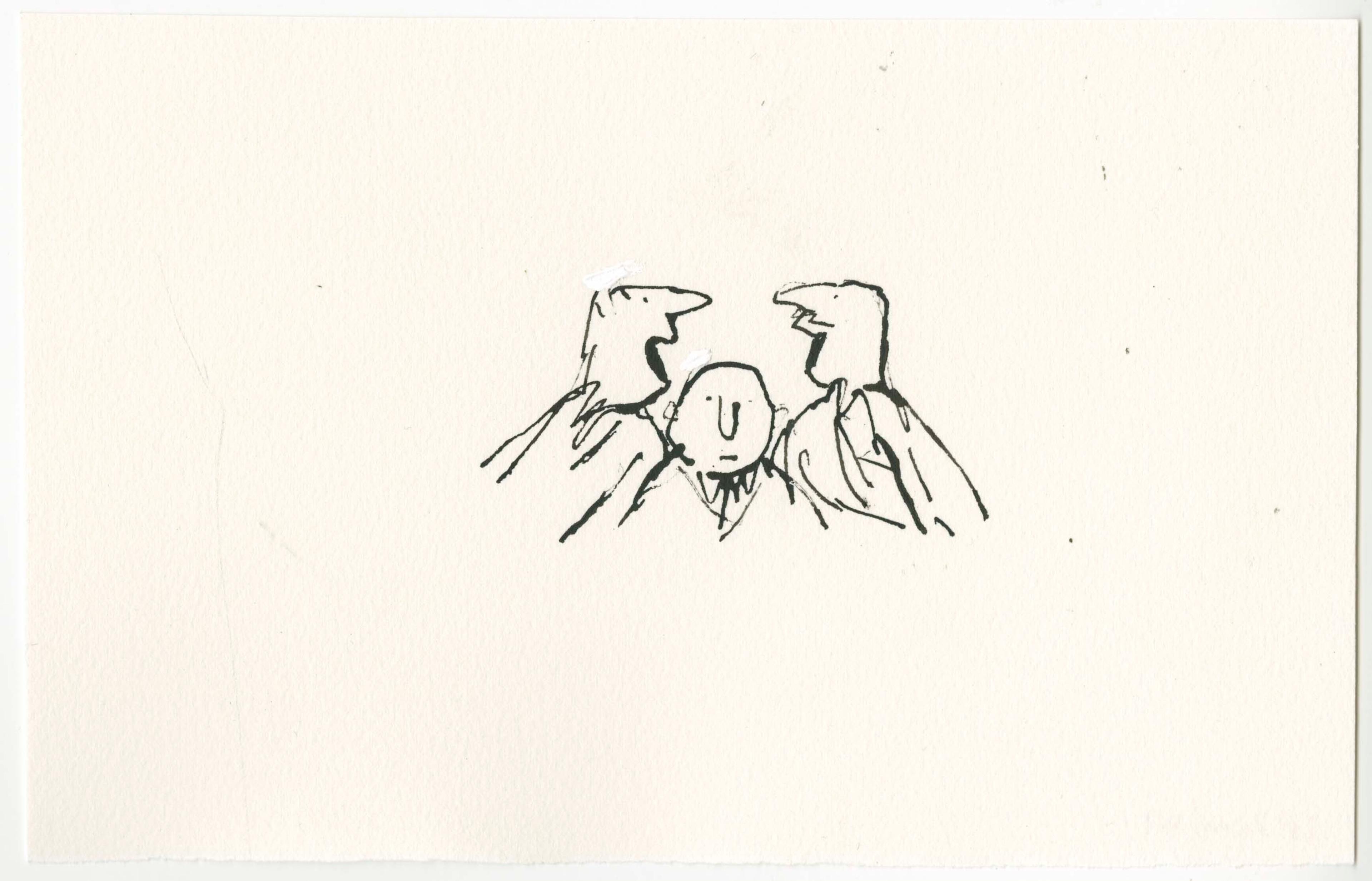 Funny drawing of two men talking, with a shorter man sandwiched between them. 
