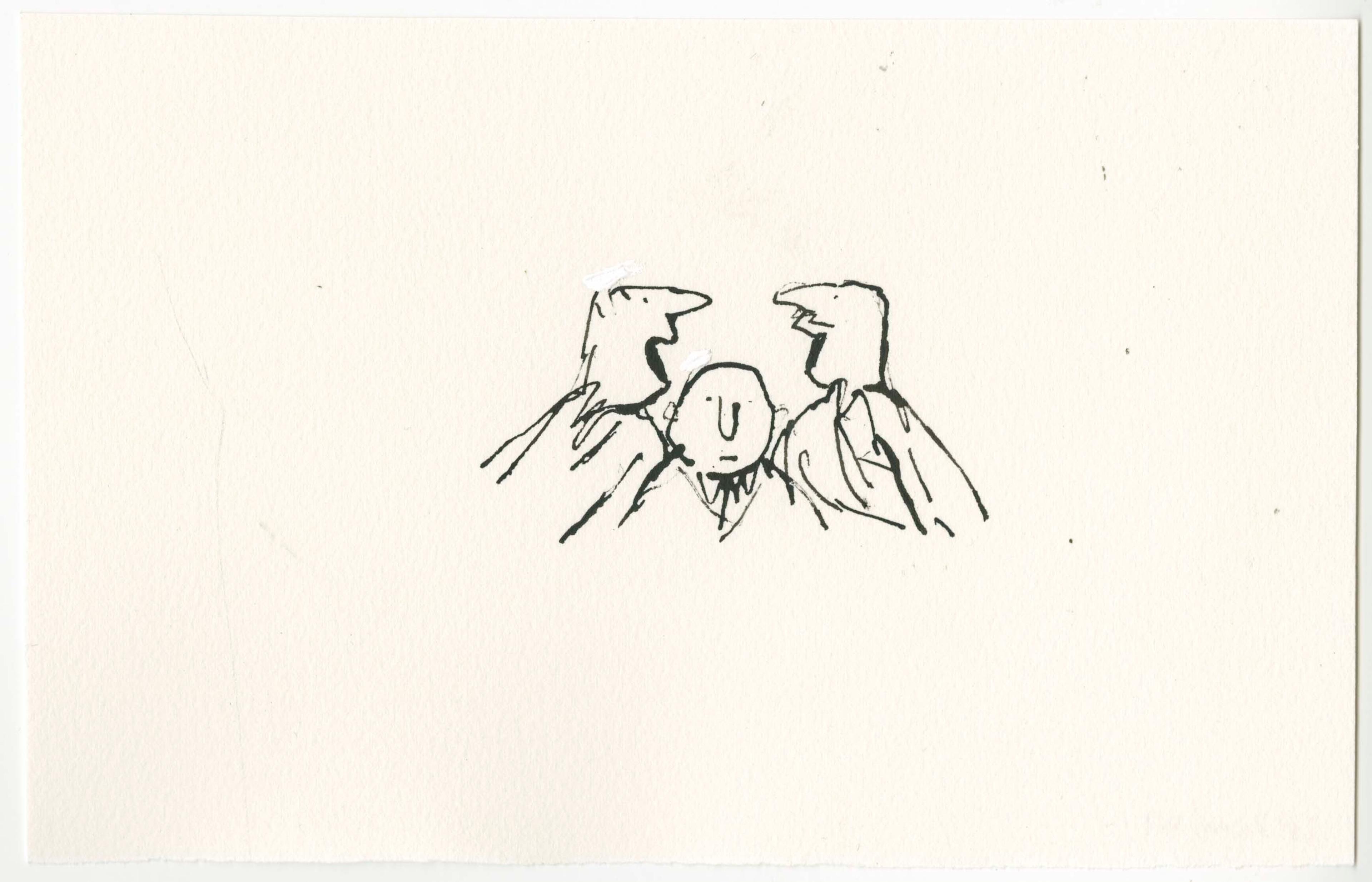 Funny drawing of two men talking, with a shorter man sandwiched between them.
