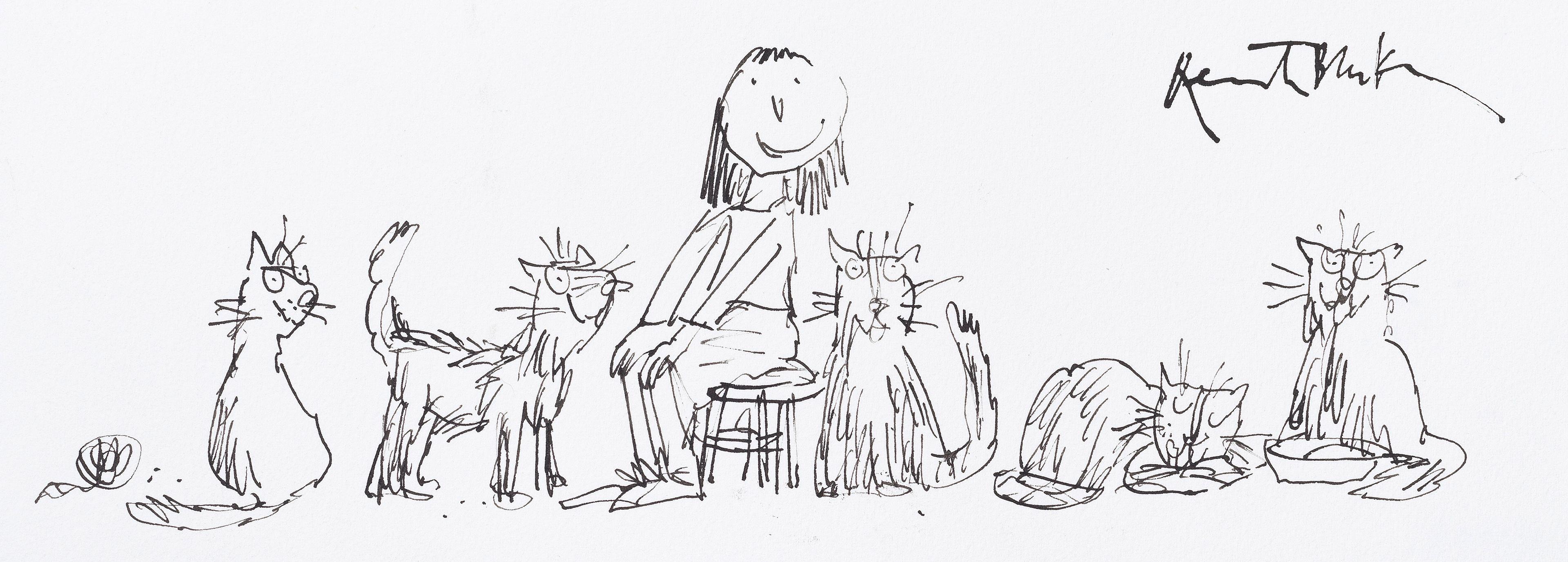 Illustration of a person sitting on a stool with five cats standing next to them