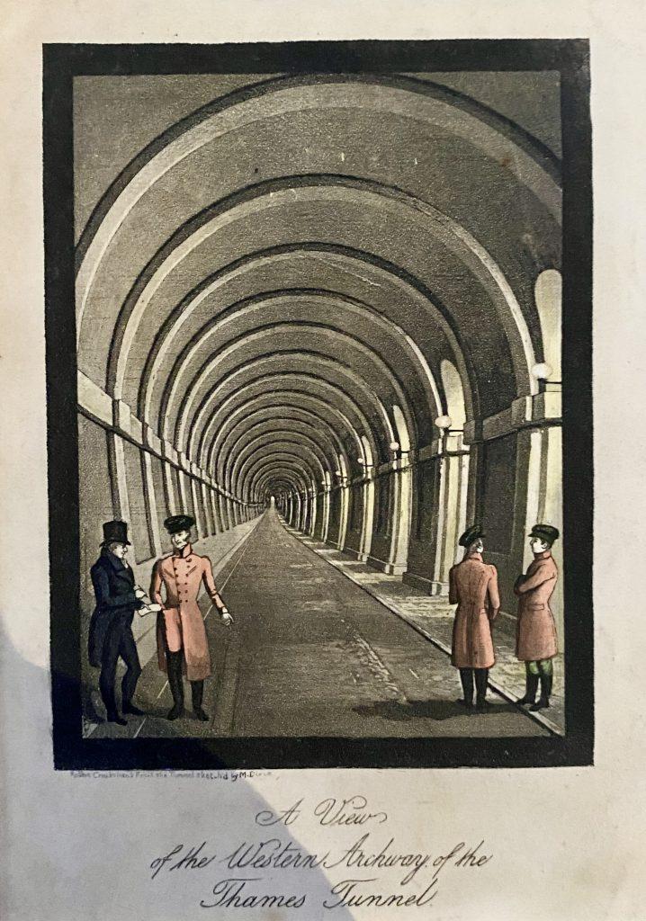 Illustration of the Western Archway in the Thames Tunnel features four people in period clothing, highlighting the tunnel's grand, arched design.