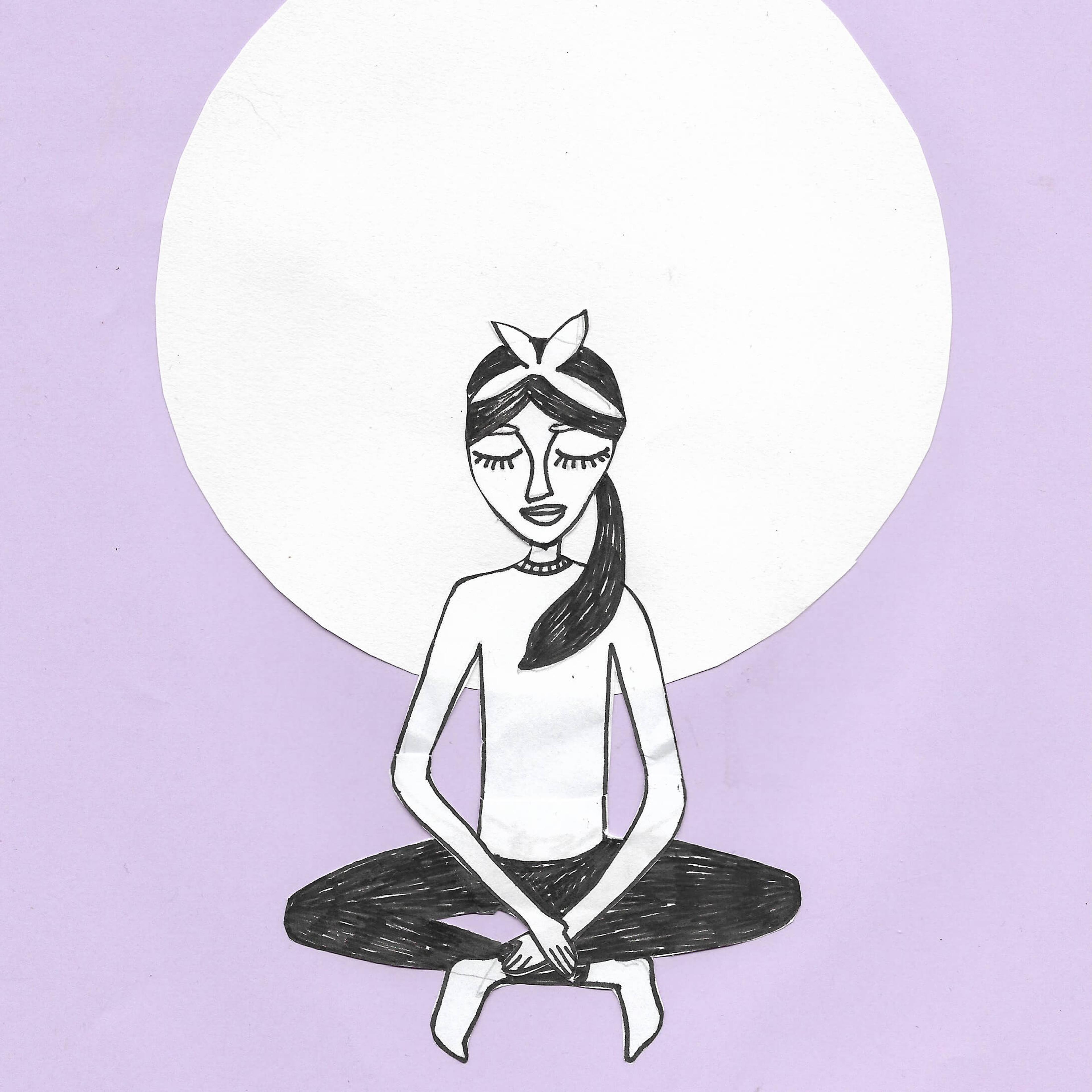 A meditating woman set against a violet backdrop