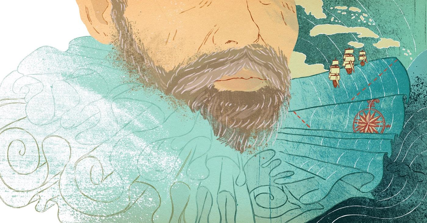 Illustration of a bearded man wearing a ruff with the ruffs on one side transforming into a seascape and map with three small ships heading in the direction of some islands in the distance