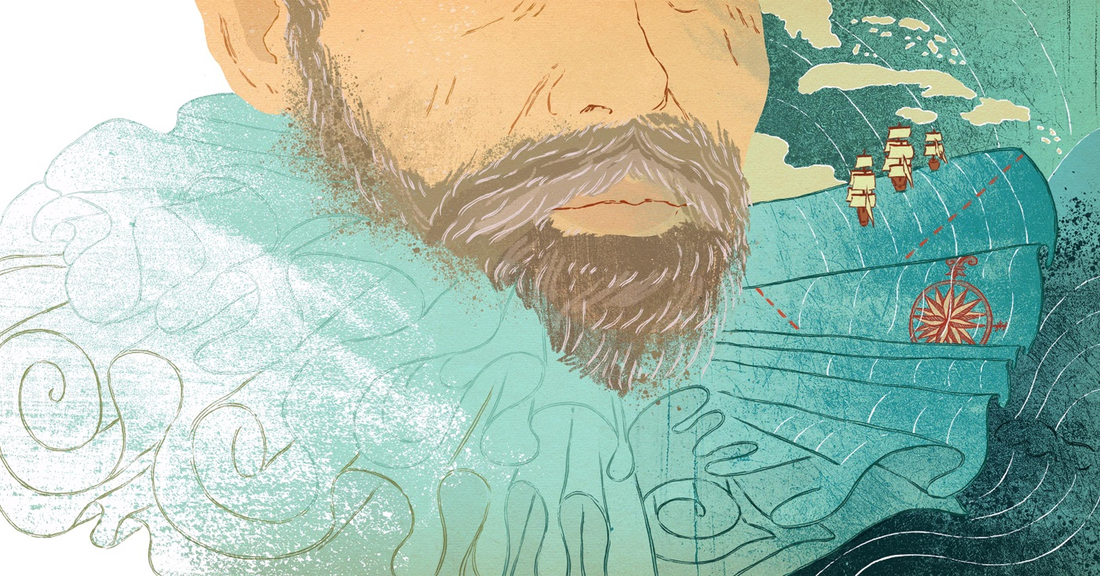 Illustration of a bearded man wearing a ruff with the ruffs on one side transforming into a seascape and map with three small ships heading in the direction of some islands in the distance