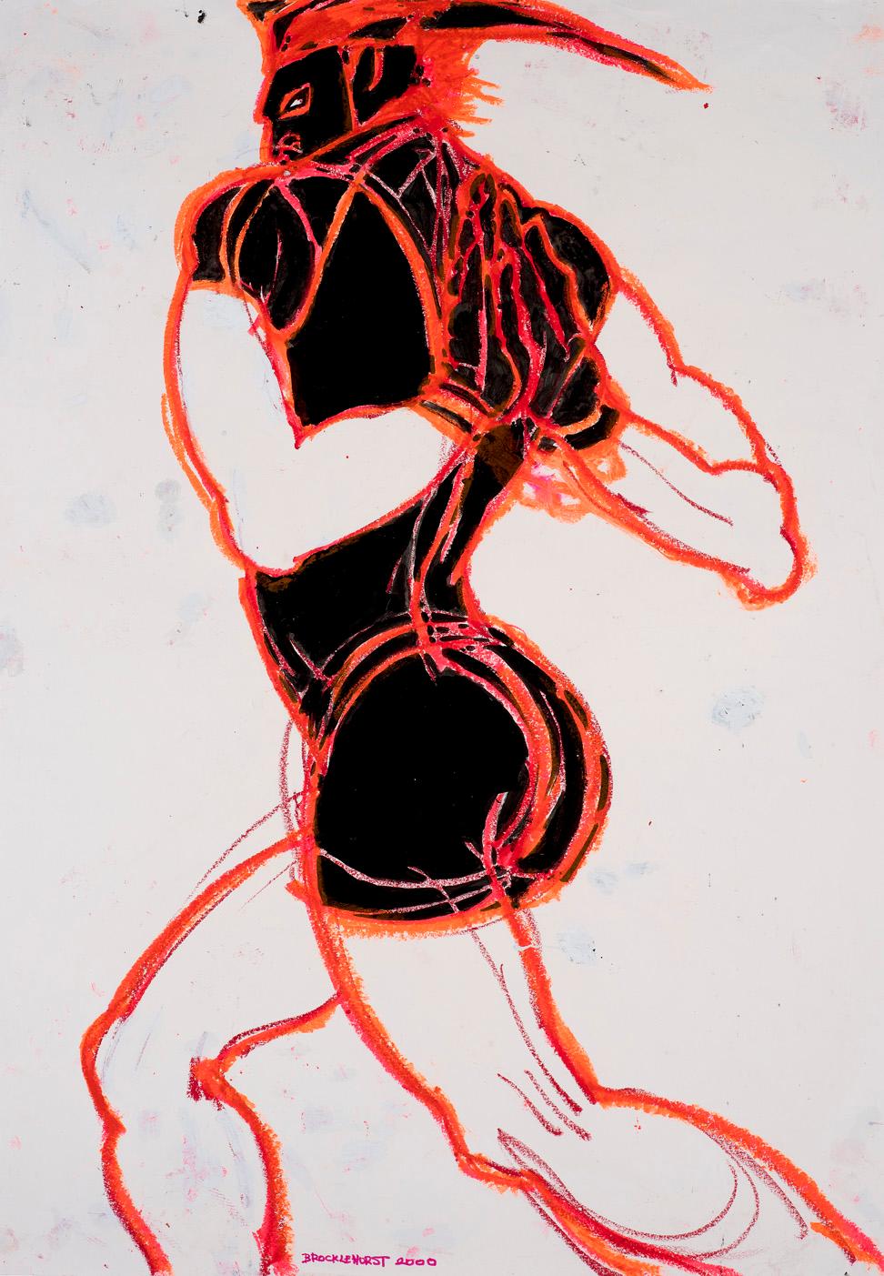 A drawing of a person dancing dressed in a black bodysuit, gloves and hat. They are drawn with red and orange lines on white paper.