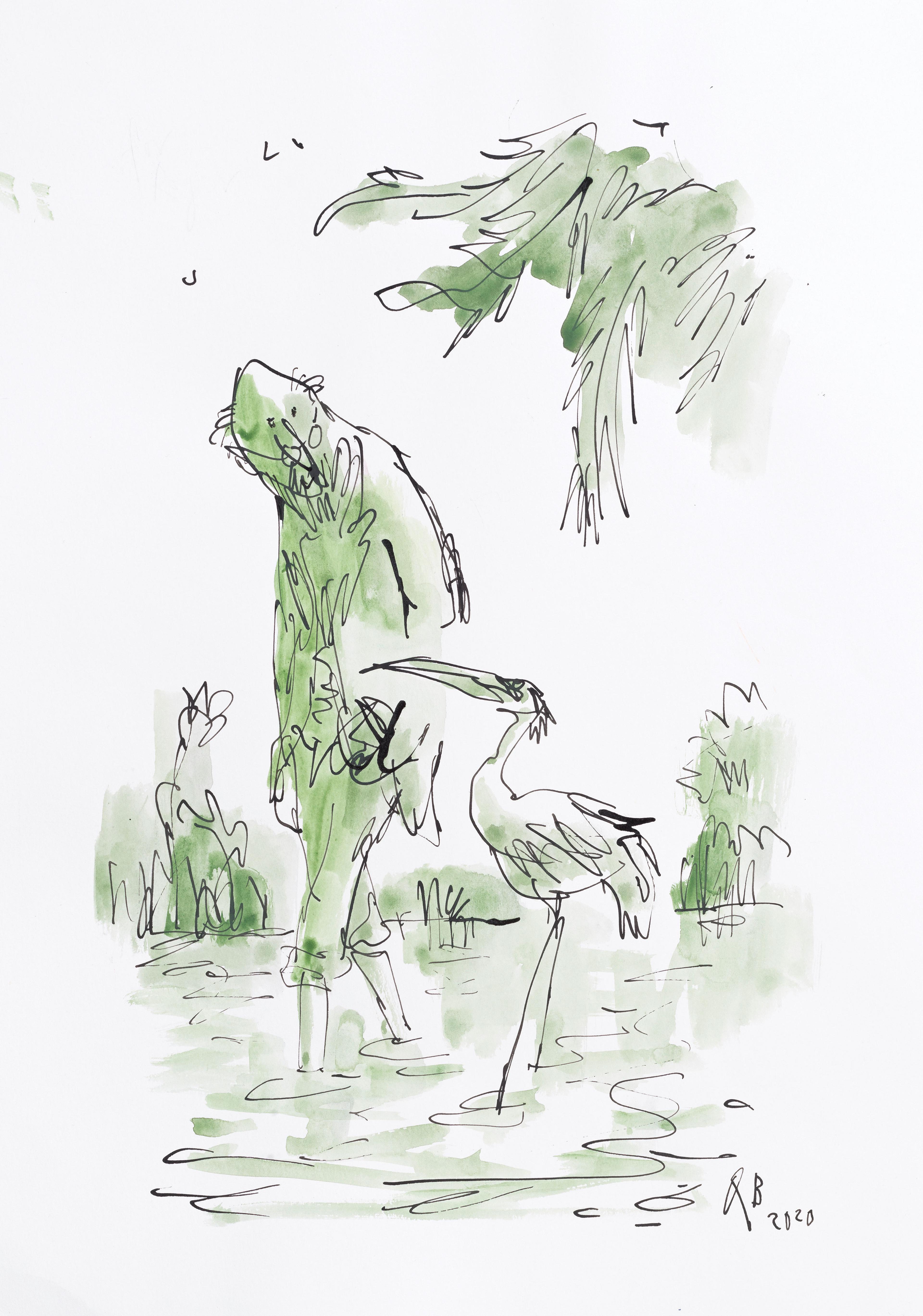 An illustration in black ink and green watercolour showing a man and a heron standing up to their knees in water