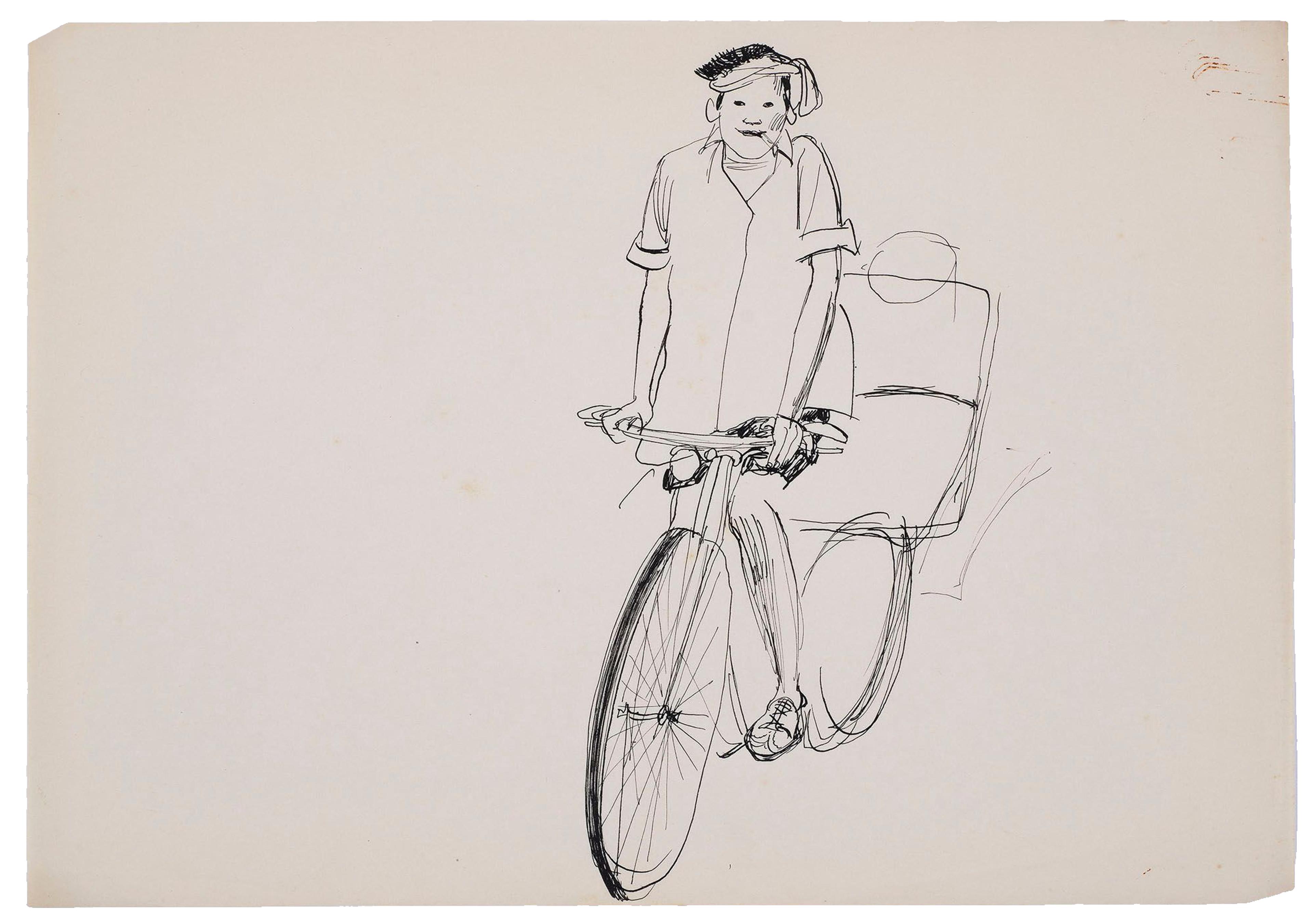 Drawing in black ink of Thai delivery boy on a bicycle