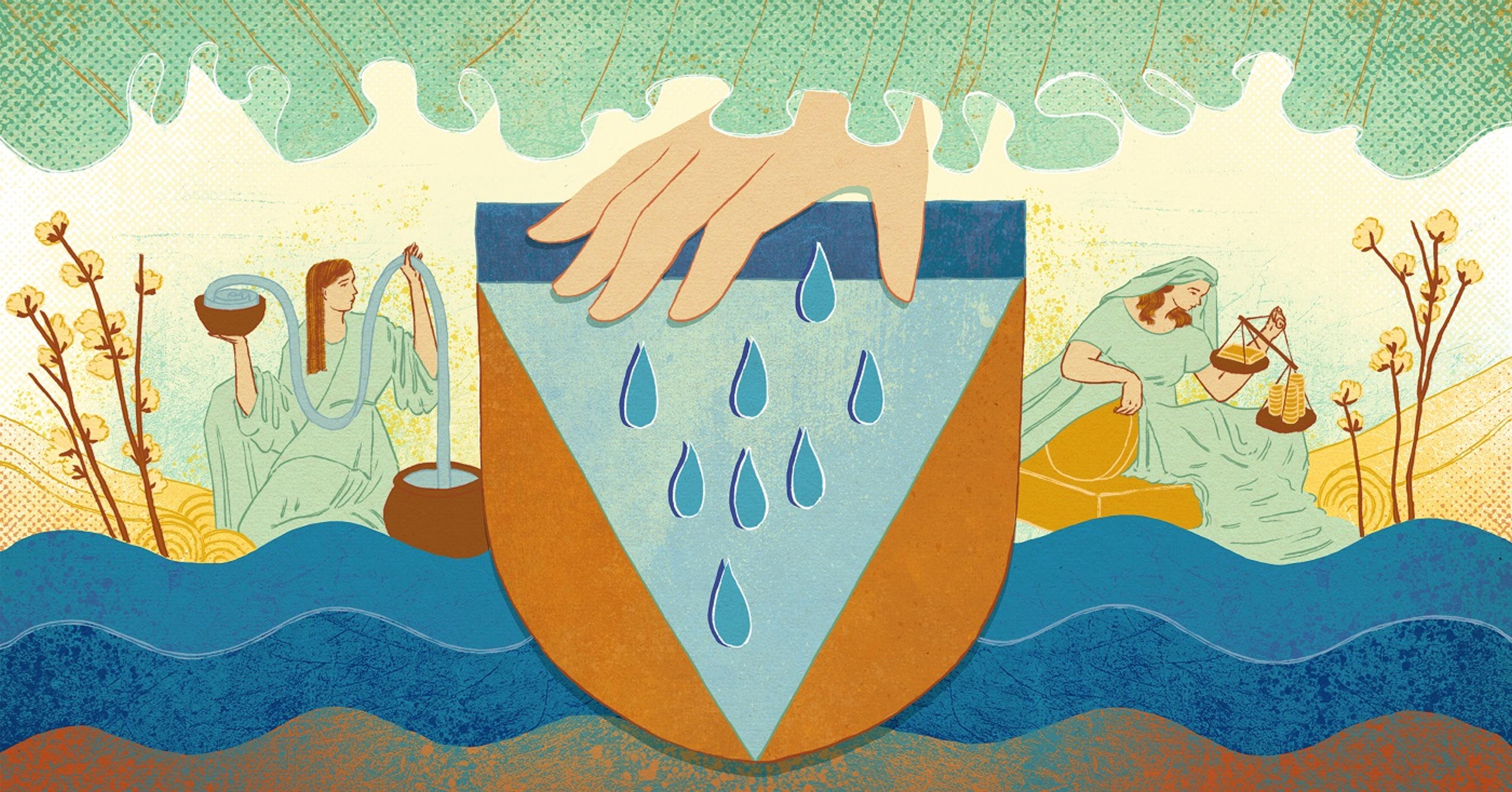 Illustration of a crest showing a large hand sprinkling drops of water. A person on one side holds a coil of fabric and a woman on the right holds scales holding weights and coins