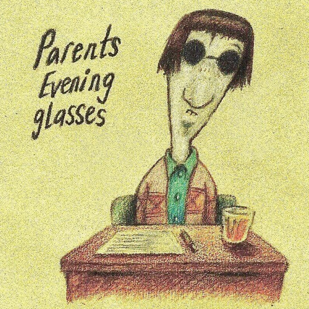 Illustration of a figure seated at a table next to the text 'Parents evening glasses'.